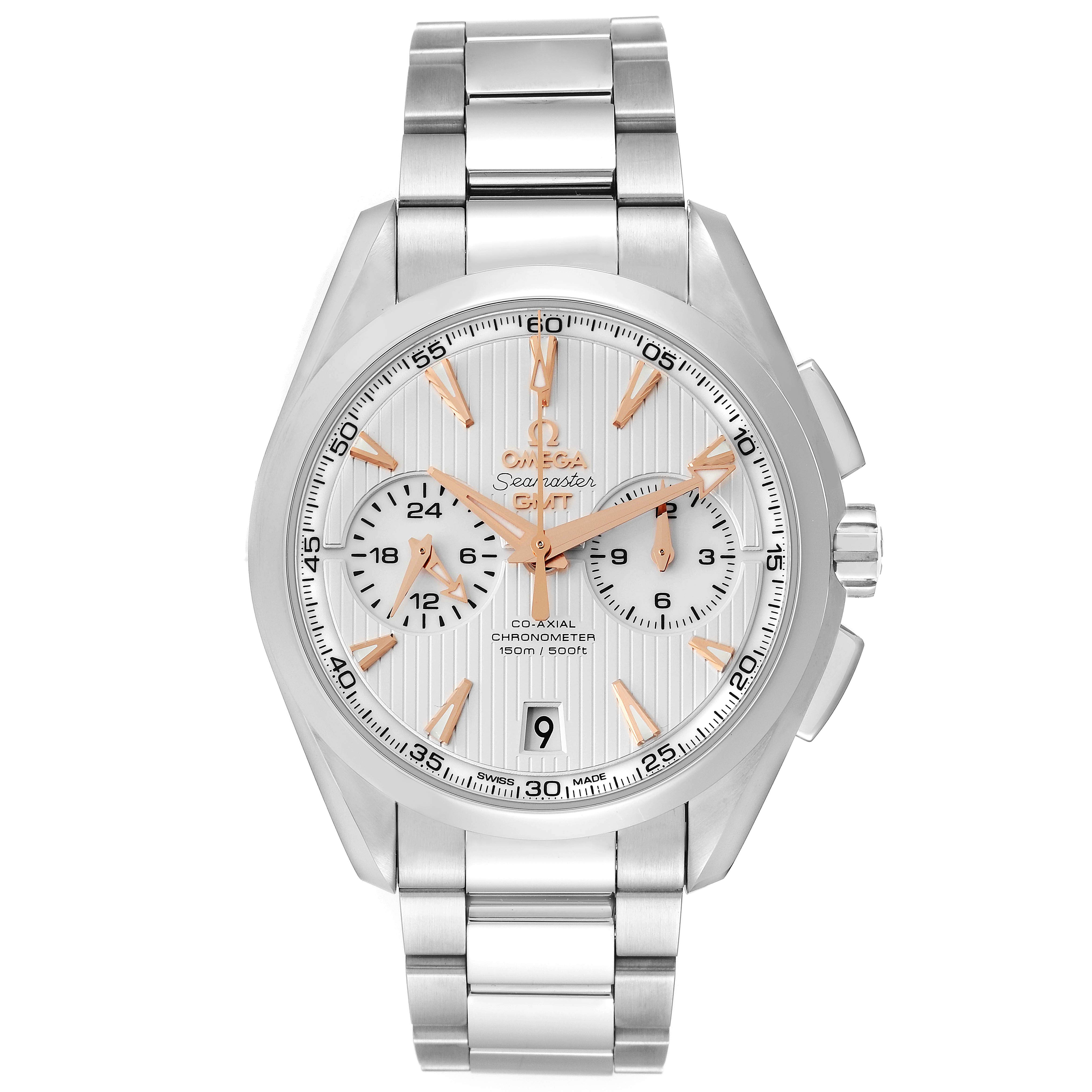 The image shows a front view of an Omega Aqua Terra 231.10.43.52.02.001 Men
s Stainless Steel Silver Dial 231.10.43.52.02.001 Men
s Stainless Steel Silver Dial watch, displaying its face, hands, and bracelet.