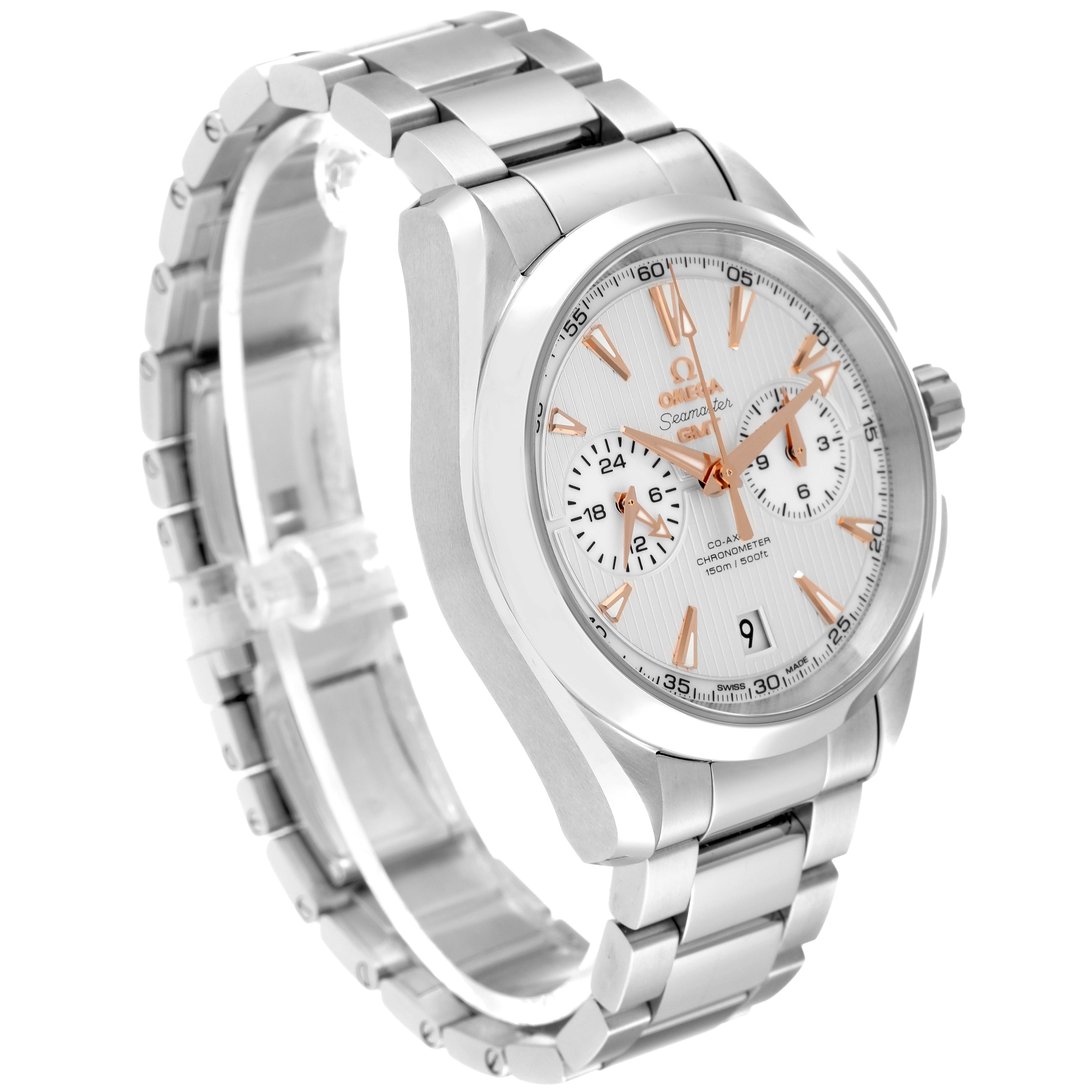 The image shows the Omega Aqua Terra 231.10.43.52.02.001 Men
s Stainless Steel Silver Dial 231.10.43.52.02.001 Men
s Stainless Steel Silver Dial watch at a three-quarter angle, highlighting its dial, case, and bracelet.