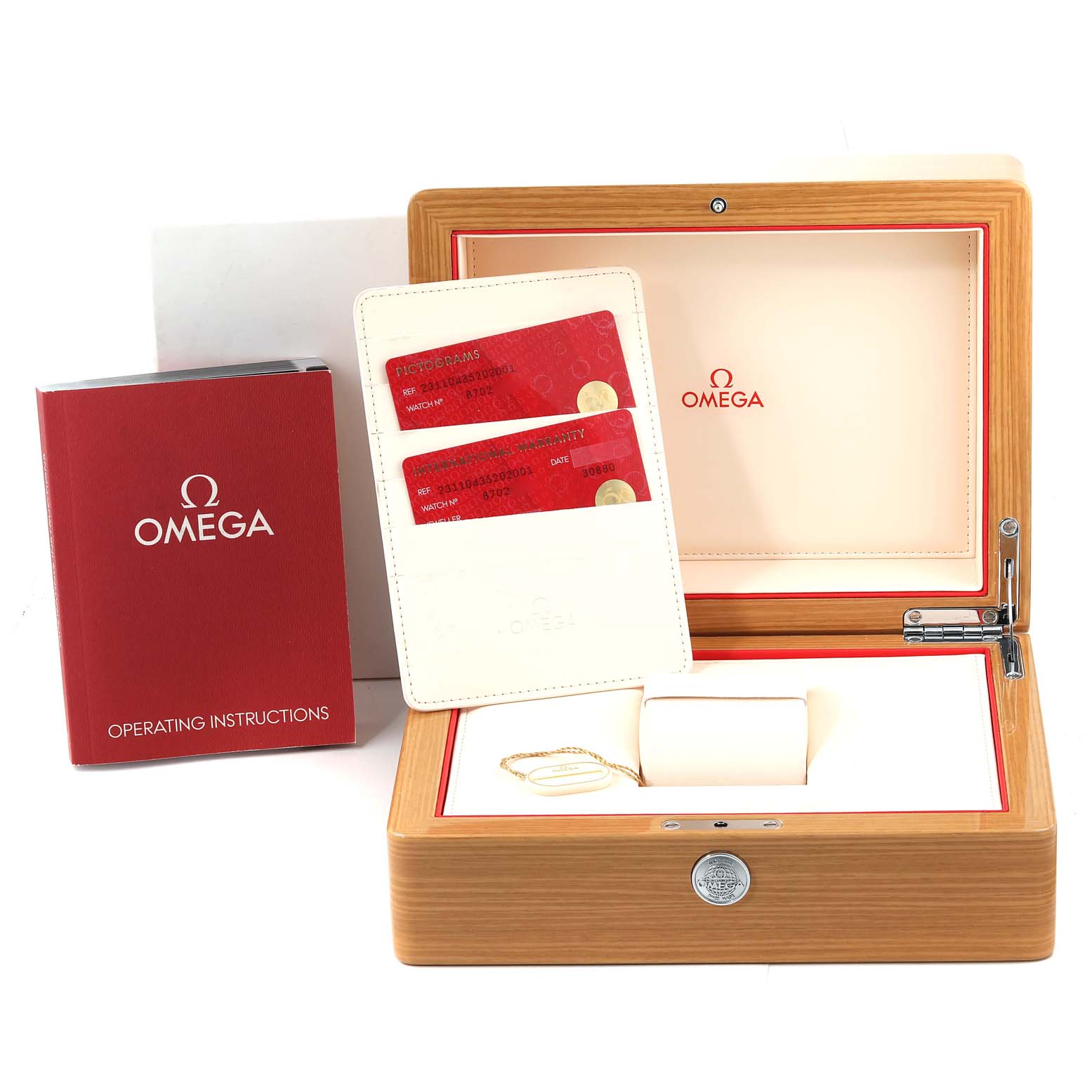 The image shows the packaging and accessories for the Omega Aqua Terra 231.10.43.52.02.001 Men
s Stainless Steel Silver Dial 231.10.43.52.02.001 Men
s Stainless Steel Silver Dial model, including the watch box, warranty cards, and instruction manual.