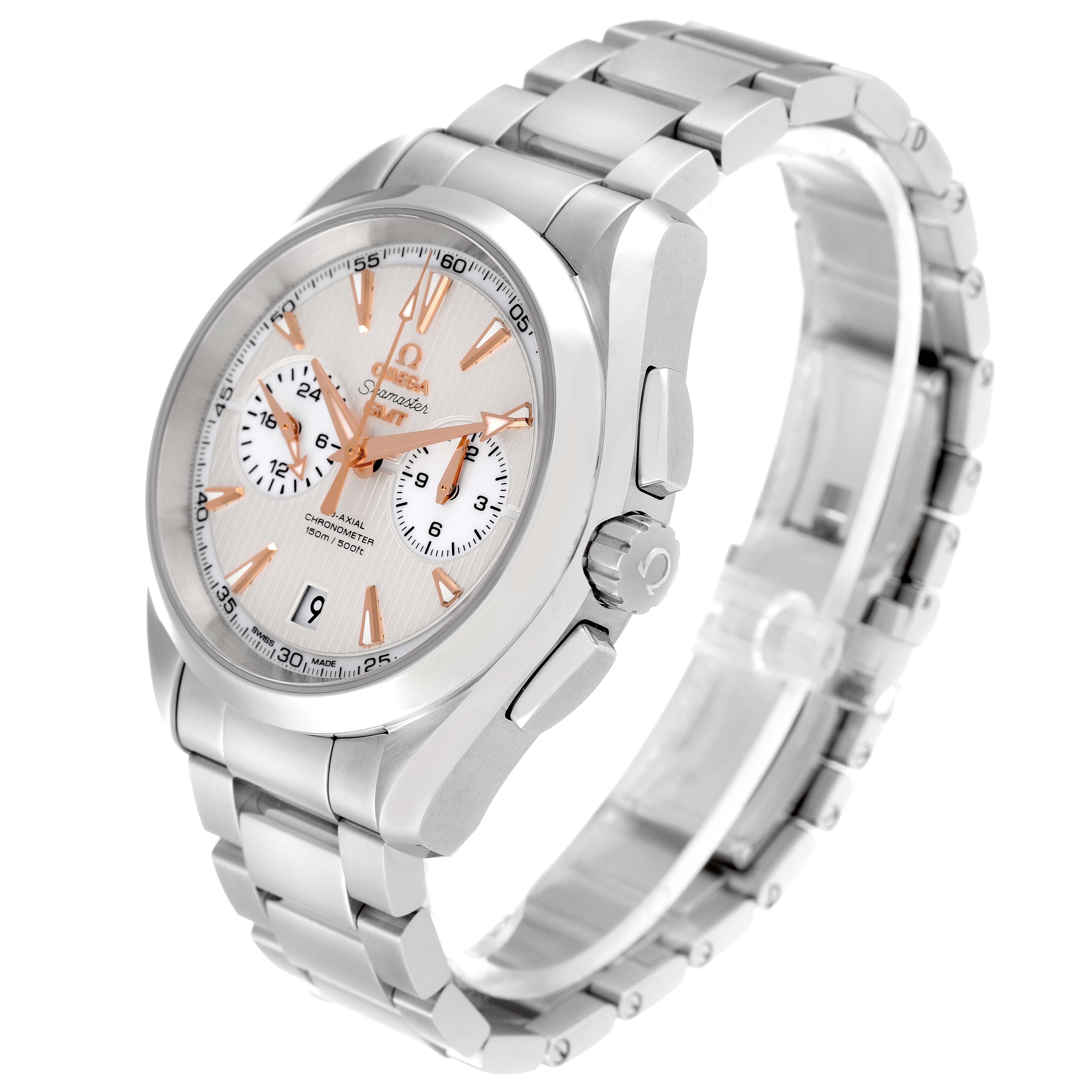 This image shows a side-angle view of the Omega Aqua Terra 231.10.43.52.02.001 Men
s Stainless Steel Silver Dial 231.10.43.52.02.001 Men
s Stainless Steel Silver Dial model, featuring its face, band, and crown.