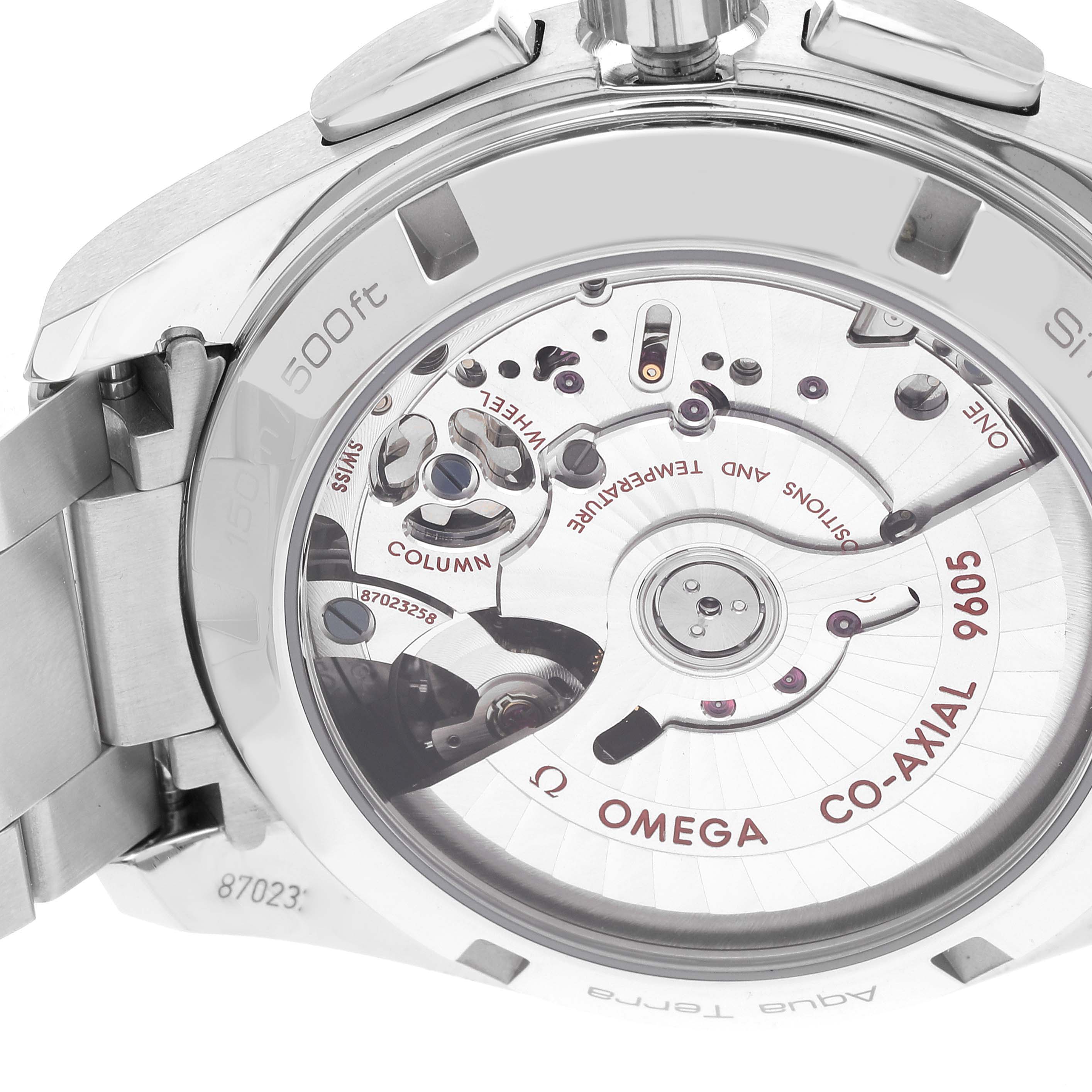 This image shows the back of the Omega Aqua Terra 231.10.43.52.02.001 Men
s Stainless Steel Silver Dial 231.10.43.52.02.001 Men
s Stainless Steel Silver Dial watch, highlighting its Co-Axial 9605 movement.