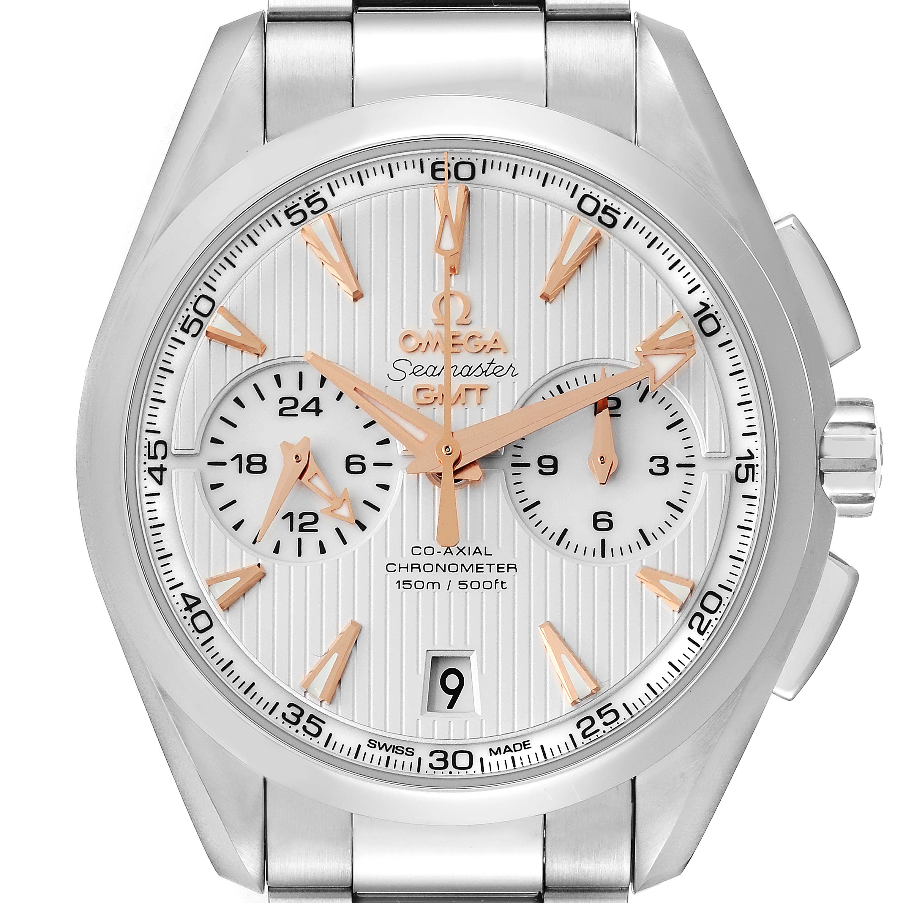 The image shows a front view of the Omega Aqua Terra 231.10.43.52.02.001 Men
s Stainless Steel Silver Dial 231.10.43.52.02.001 Men
s Stainless Steel Silver Dial watch, highlighting its silver dial, chronograph functions, and date display.