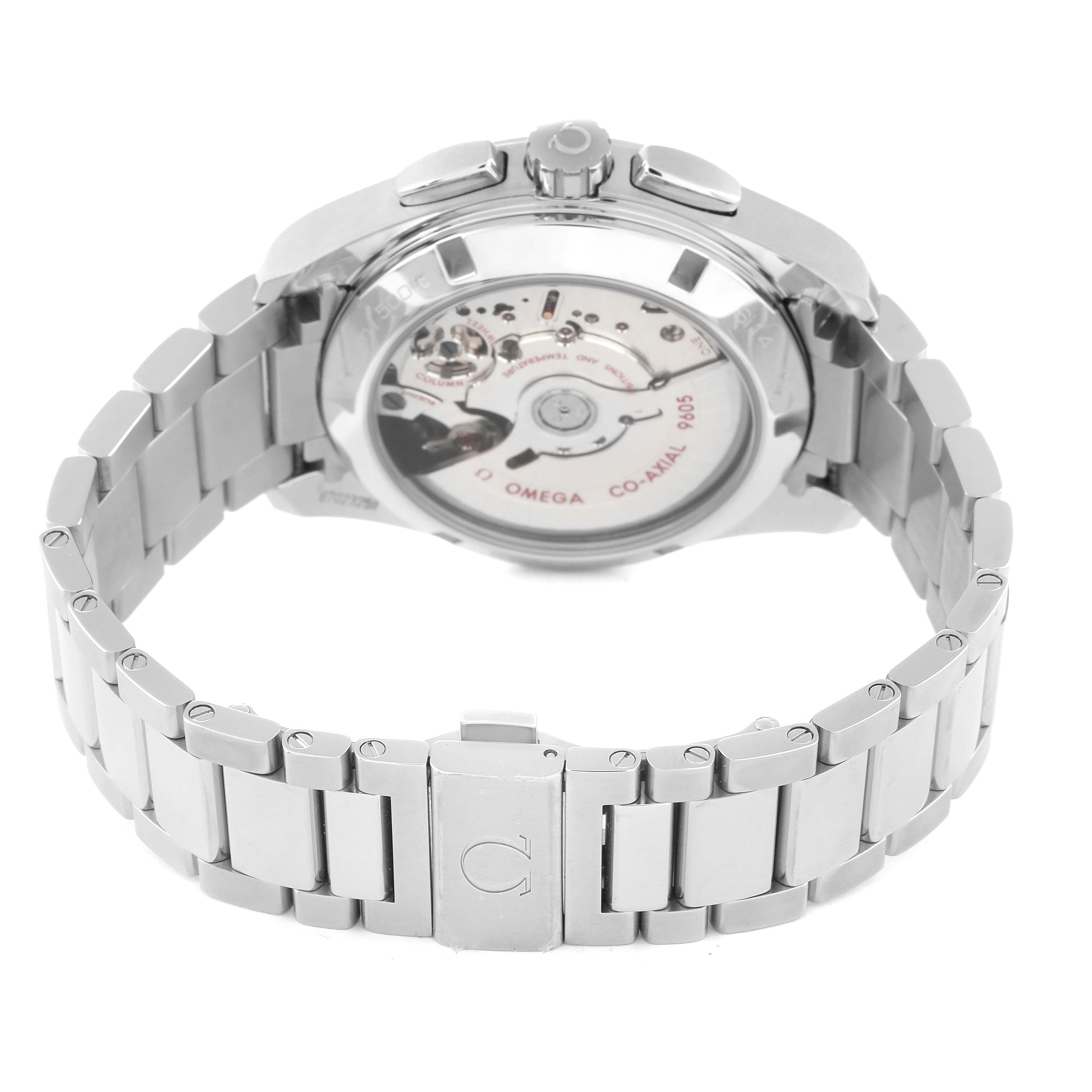 The image shows the backside of the Omega Aqua Terra 231.10.43.52.02.001 Men
s Stainless Steel Silver Dial 231.10.43.52.02.001 Men
s Stainless Steel Silver Dial watch, highlighting the Omega Co-Axial 8505 movement and metal bracelet.