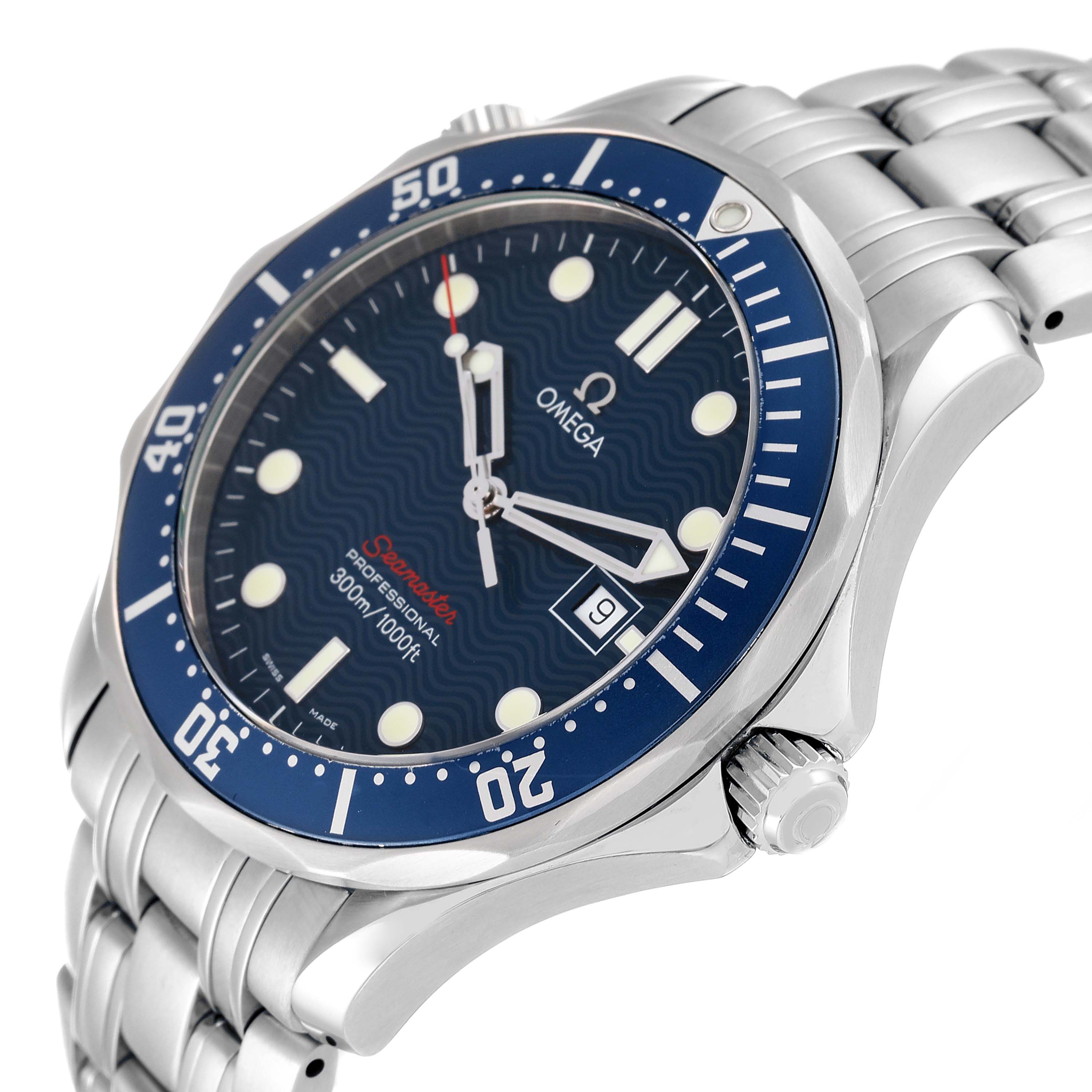 This image shows an angled side view of the Omega Seamaster 2221.80.00 Men's Stainless Steel Blue Dial 2221.80.00 Men's Stainless Steel Blue Dial watch, highlighting the bezel, dial, and bracelet.