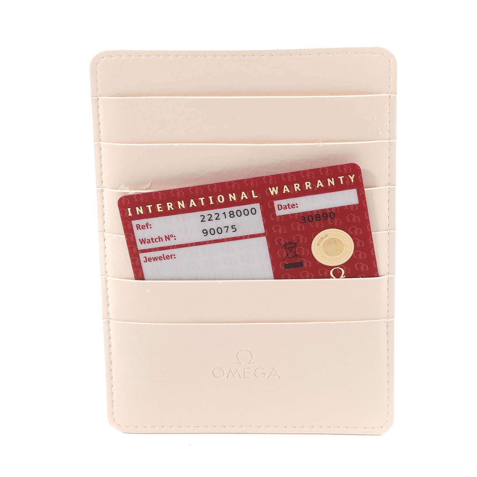 The image shows the international warranty card in a leather holder for the Omega Seamaster 2221.80.00 Men's Stainless Steel Blue Dial 2221.80.00 Men's Stainless Steel Blue Dial watch model.