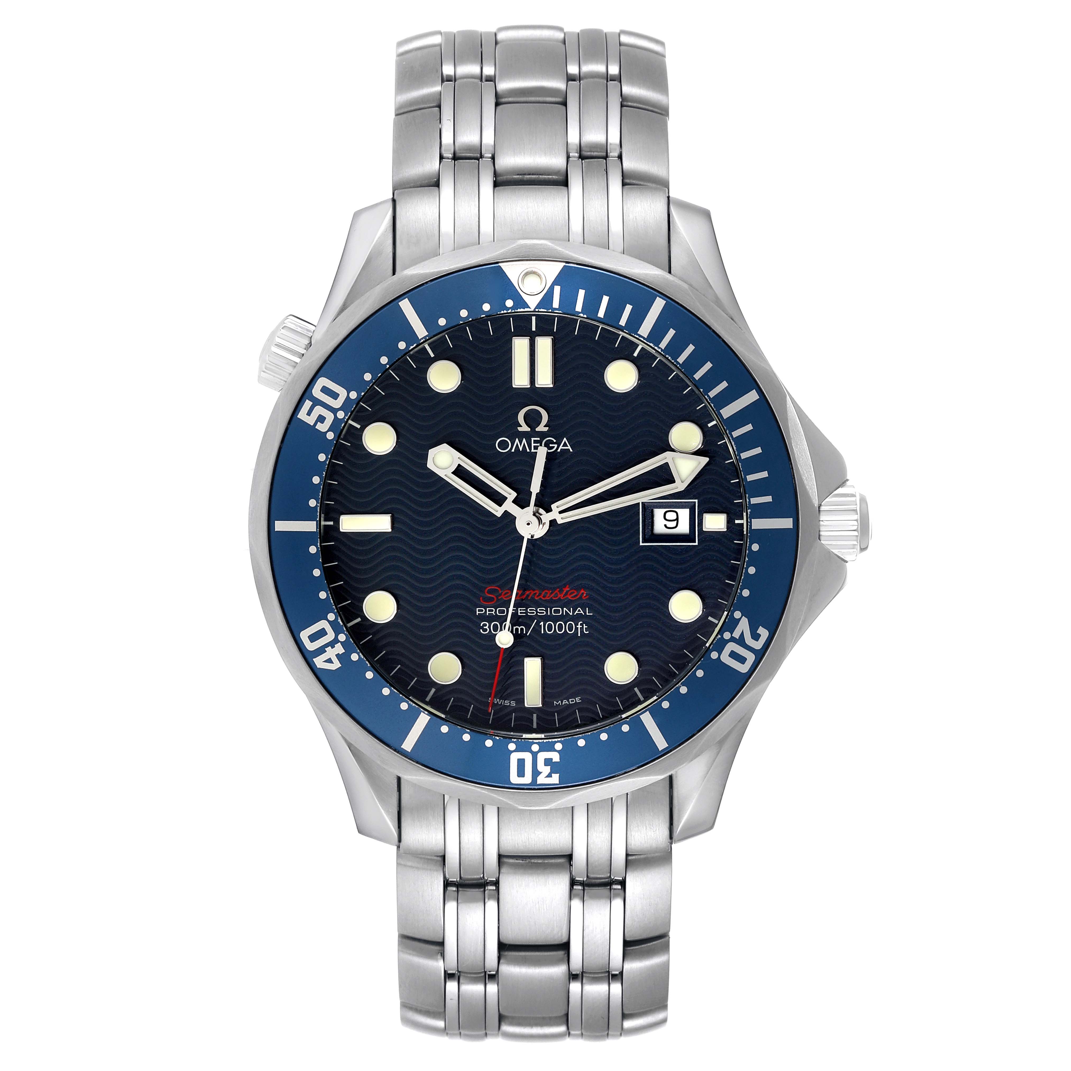 The image shows a front view of an Omega Seamaster 2221.80.00 Men's Stainless Steel Blue Dial 2221.80.00 Men's Stainless Steel Blue Dial watch, highlighting the dial, bezel, and metallic bracelet.