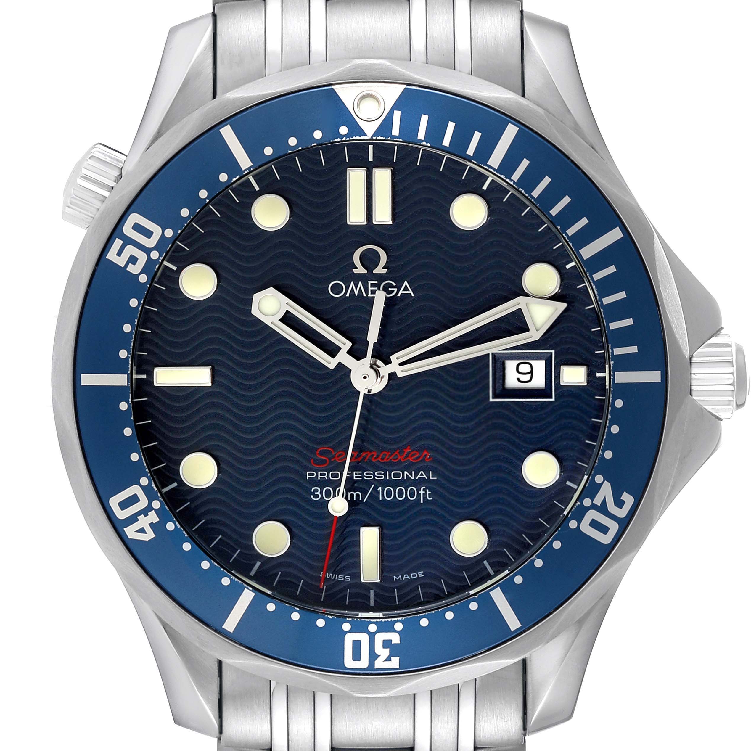 The image shows a front view of an Omega Seamaster 2221.80.00 Men's Stainless Steel Blue Dial 2221.80.00 Men's Stainless Steel Blue Dial watch, displaying the dial, bezel, hands, date window, and part of the bracelet.