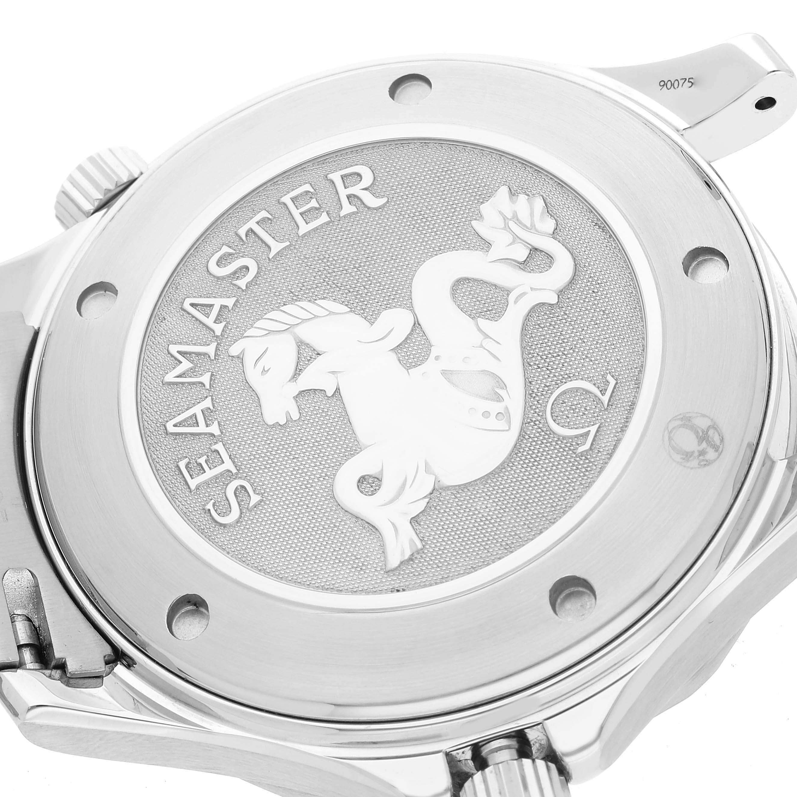 The image shows the case back of an Omega Seamaster 2221.80.00 Men's Stainless Steel Blue Dial 2221.80.00 Men's Stainless Steel Blue Dial watch, featuring the Seamaster logo and intricate engravings.