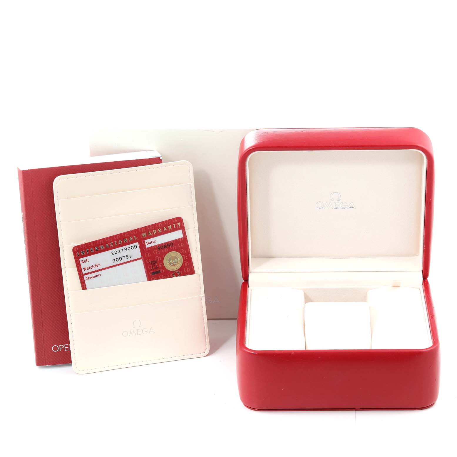 The image shows an Omega Seamaster 2221.80.00 Men's Stainless Steel Blue Dial 2221.80.00 Men's Stainless Steel Blue Dial watch box, warranty card, and a booklet from a front angle.