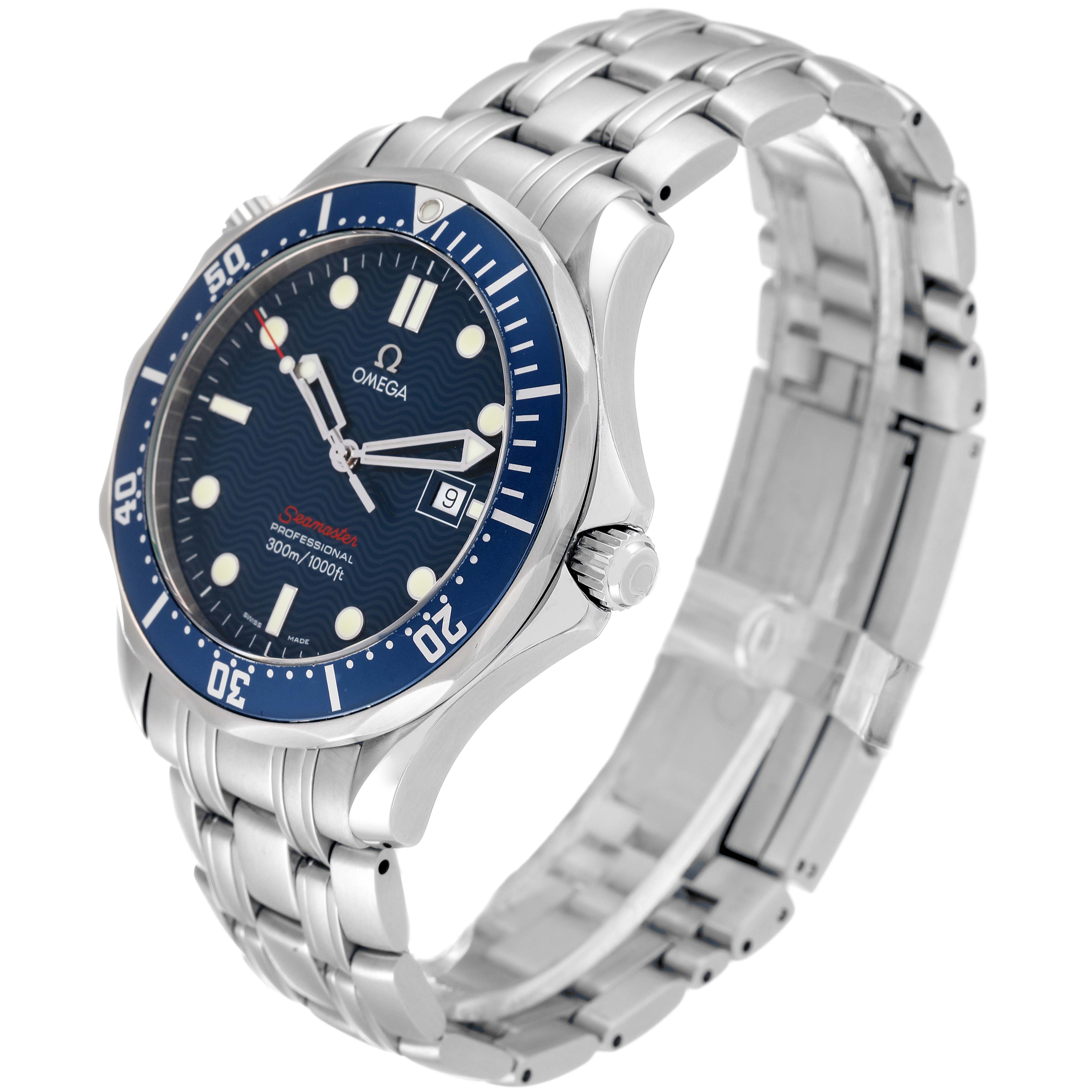 The image shows an Omega Seamaster 2221.80.00 Men's Stainless Steel Blue Dial 2221.80.00 Men's Stainless Steel Blue Dial watch at an angle highlighting its blue dial, bezel, and stainless steel bracelet.
