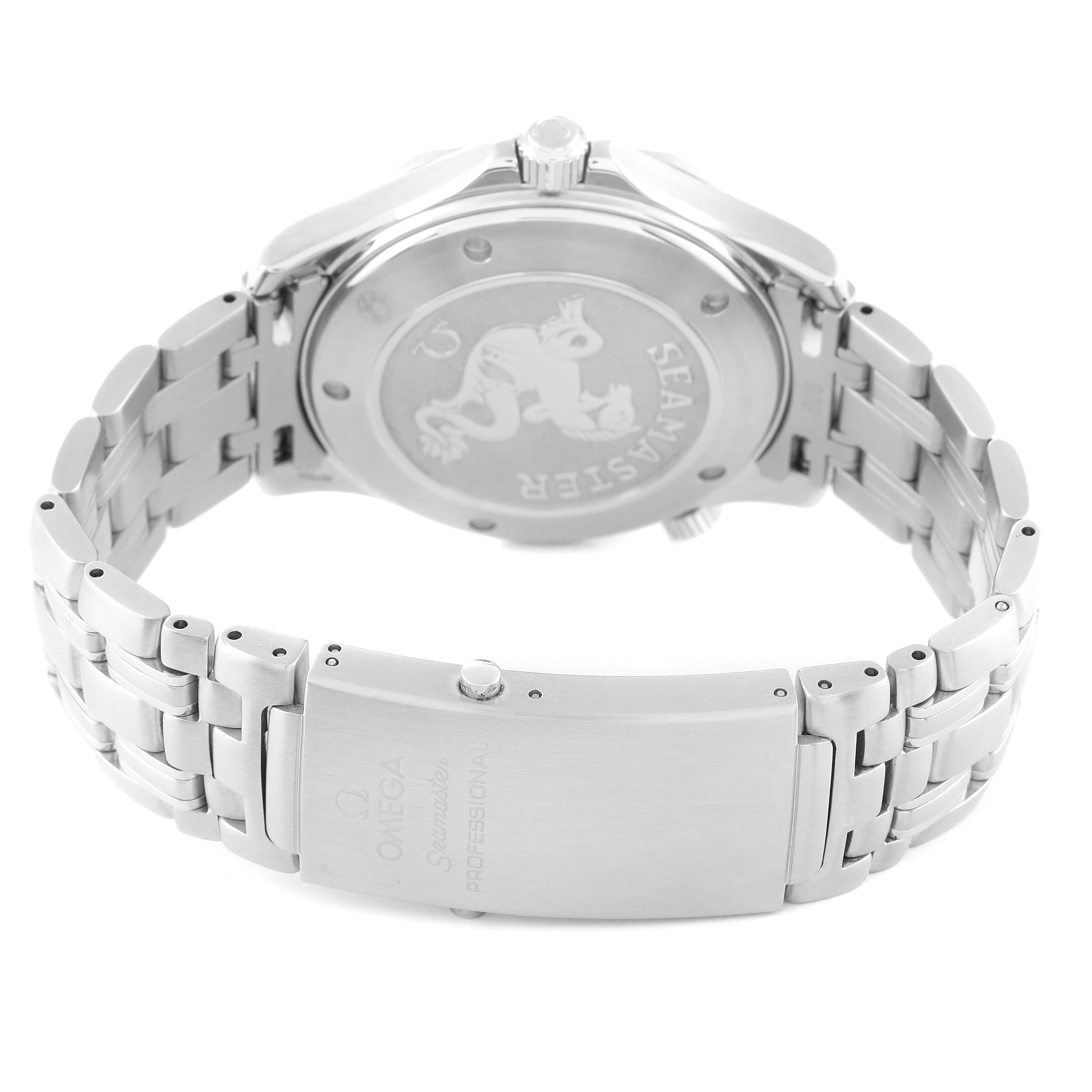 The image shows the backside and clasp of an Omega Seamaster 2221.80.00 Men's Stainless Steel Blue Dial 2221.80.00 Men's Stainless Steel Blue Dial watch, highlighting the bracelet and engraved case back.