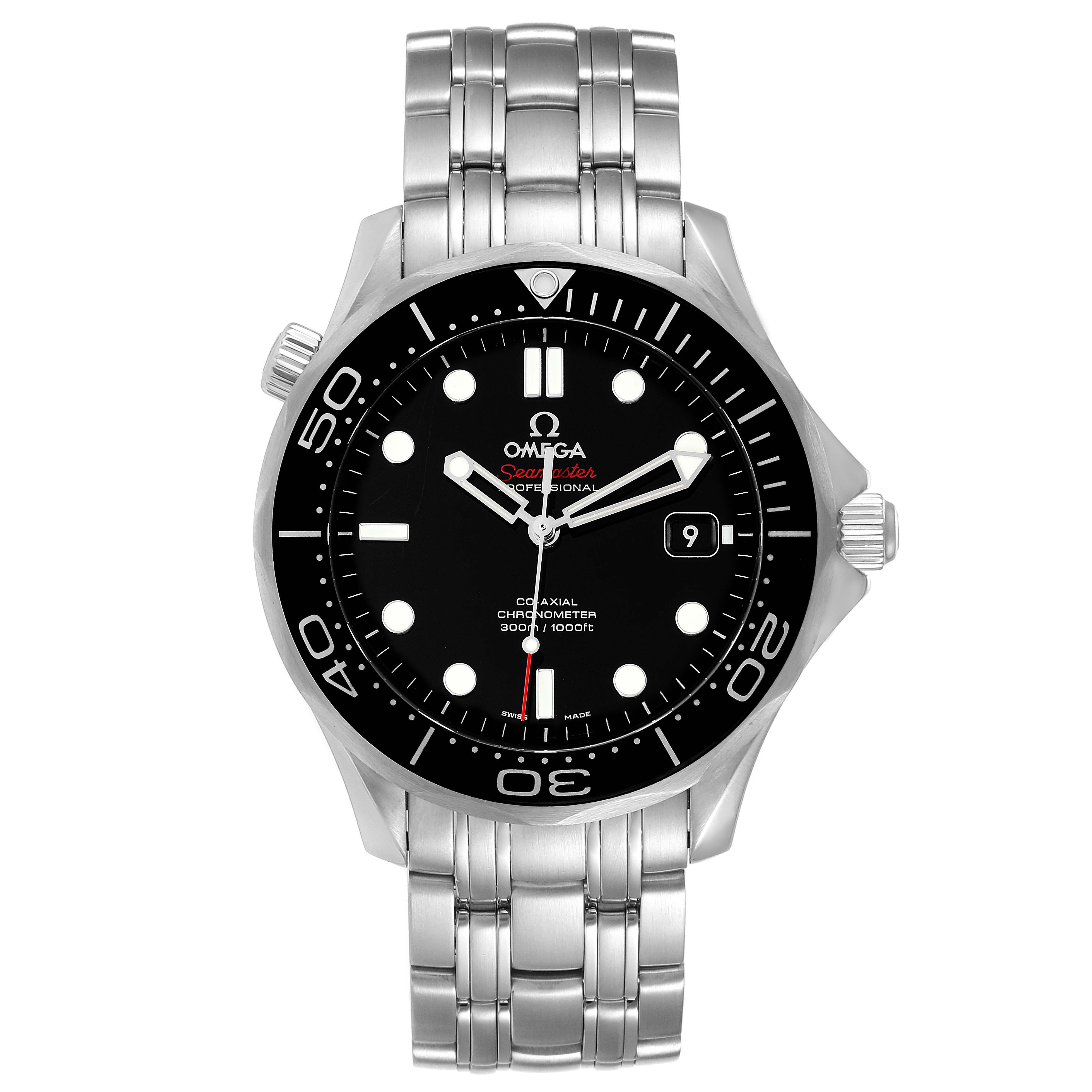 The image shows a front view of the Omega Seamaster 212.30.41.20.01.003 Men
s Stainless Steel Black Dial 212.30.41.20.01.003 Men
s Stainless Steel Black Dial watch with a black dial, date window, and stainless steel bracelet.