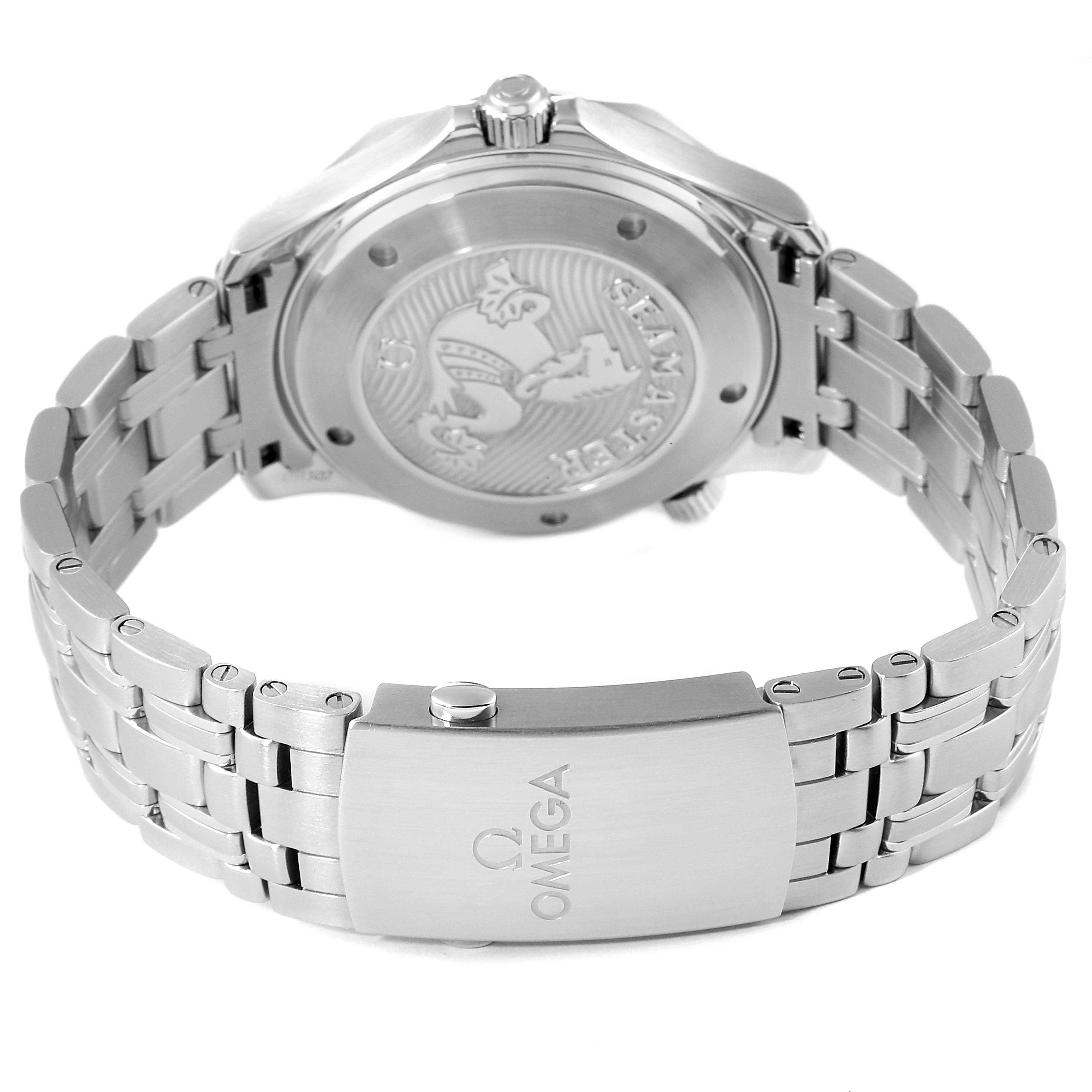 The image shows the back view of an Omega Seamaster 212.30.41.20.01.003 Men
s Stainless Steel Black Dial 212.30.41.20.01.003 Men
s Stainless Steel Black Dial watch, focusing on the case back and bracelet.