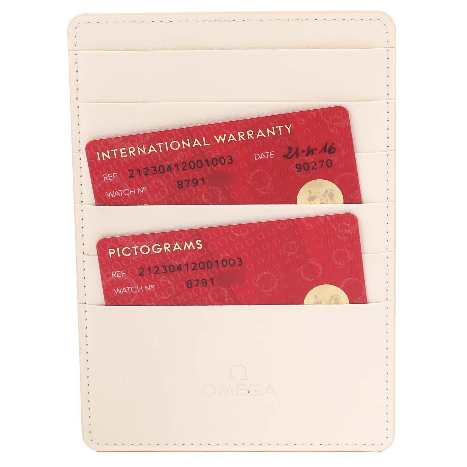 The image shows an Omega Seamaster 212.30.41.20.01.003 Men
s Stainless Steel Black Dial 212.30.41.20.01.003 Men
s Stainless Steel Black Dial warranty card and a pictogram card in a white cardholder.