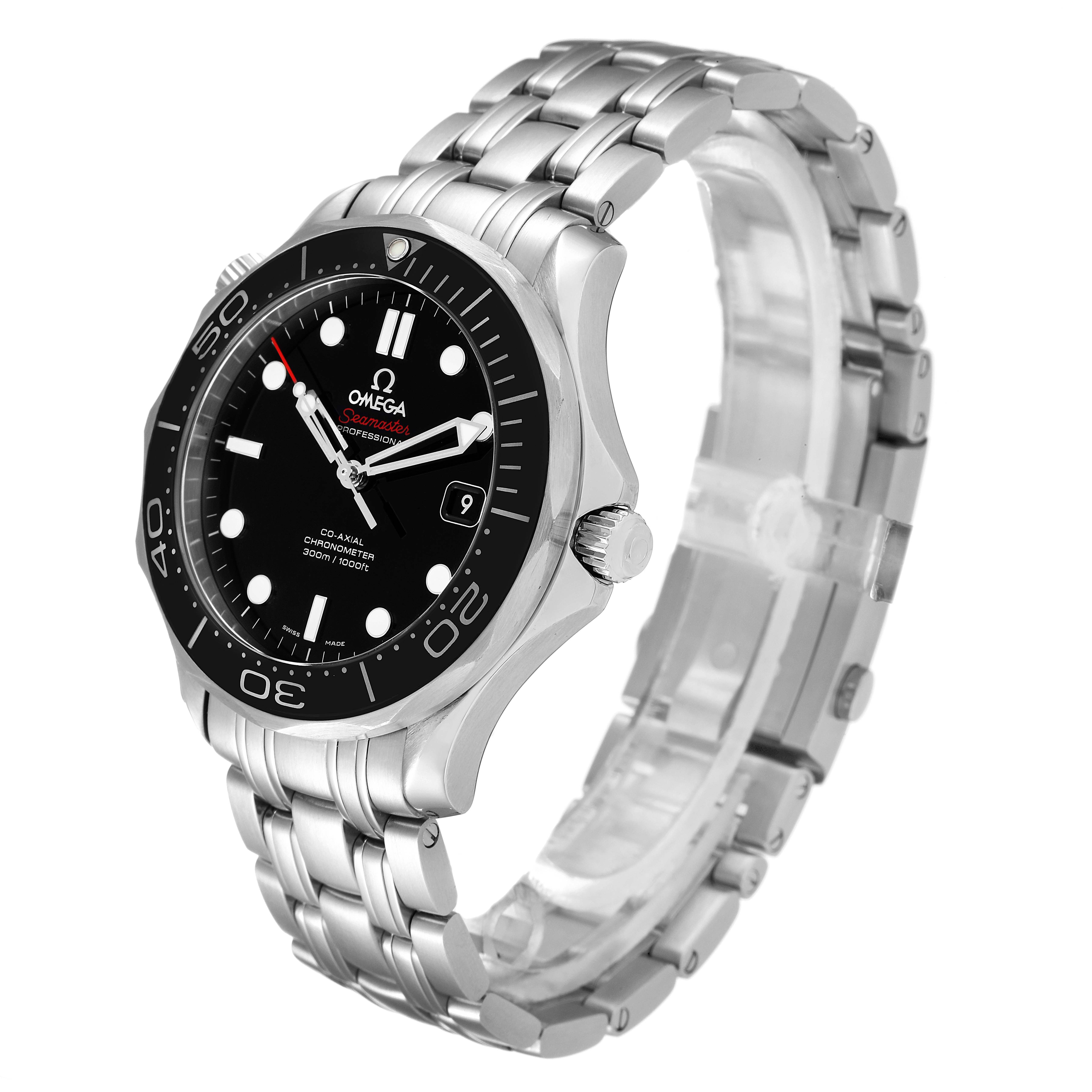This Omega Seamaster 212.30.41.20.01.003 Men
s Stainless Steel Black Dial 212.30.41.20.01.003 Men
s Stainless Steel Black Dial watch is shown at a three-quarter angle, showcasing its face, bezel, crown, and metal bracelet.