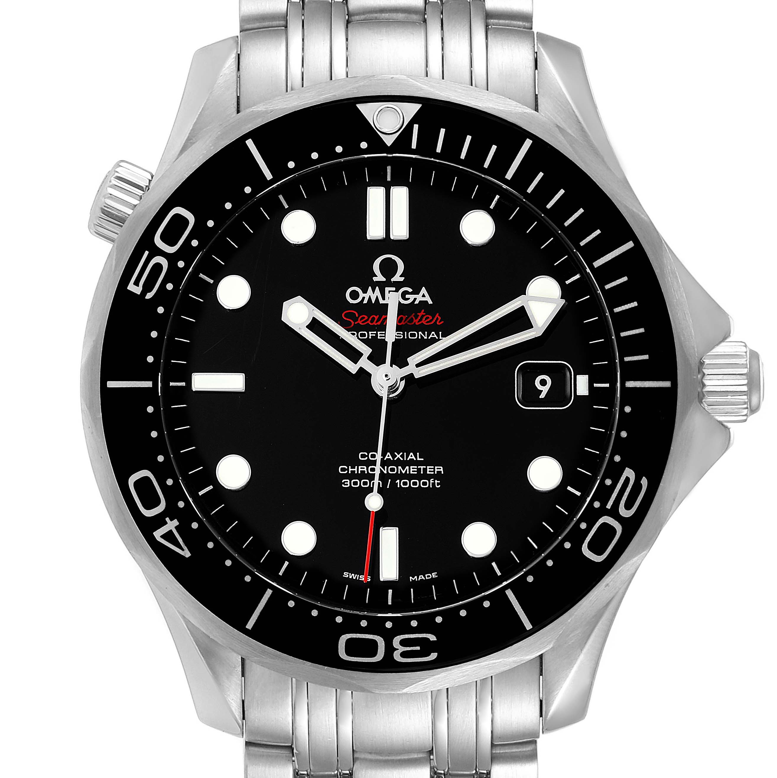 The image shows a frontal view of the Omega Seamaster 212.30.41.20.01.003 Men
s Stainless Steel Black Dial 212.30.41.20.01.003 Men
s Stainless Steel Black Dial watch, including its dial, bezel, and stainless steel bracelet.