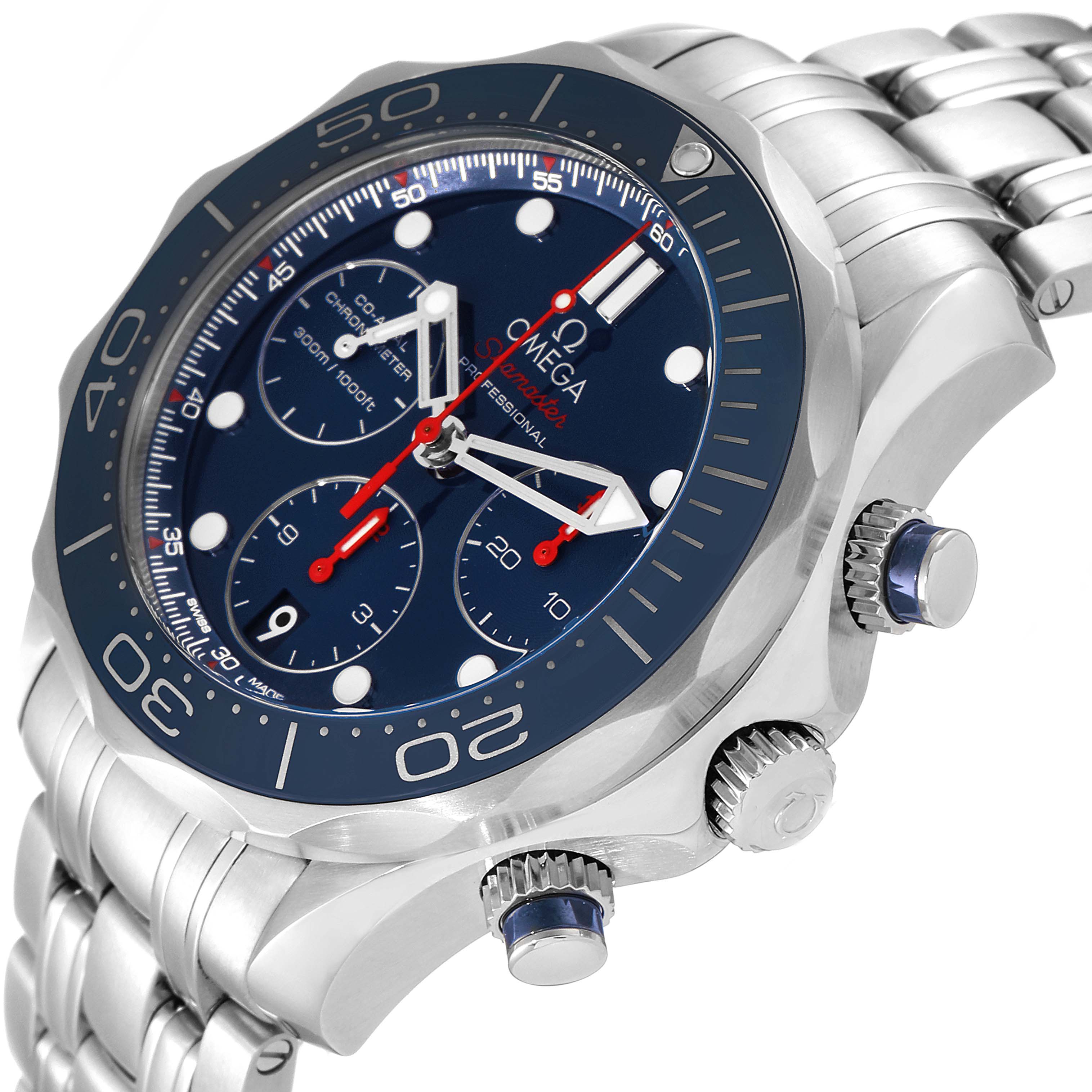 The image shows a close-up angled view of the Omega Seamaster 212.30.42.50.03.001 Men's Stainless Steel Blue Dial 212.30.42.50.03.001 Men's Stainless Steel Blue Dial's bezel, crown, face, and part of the bracelet.