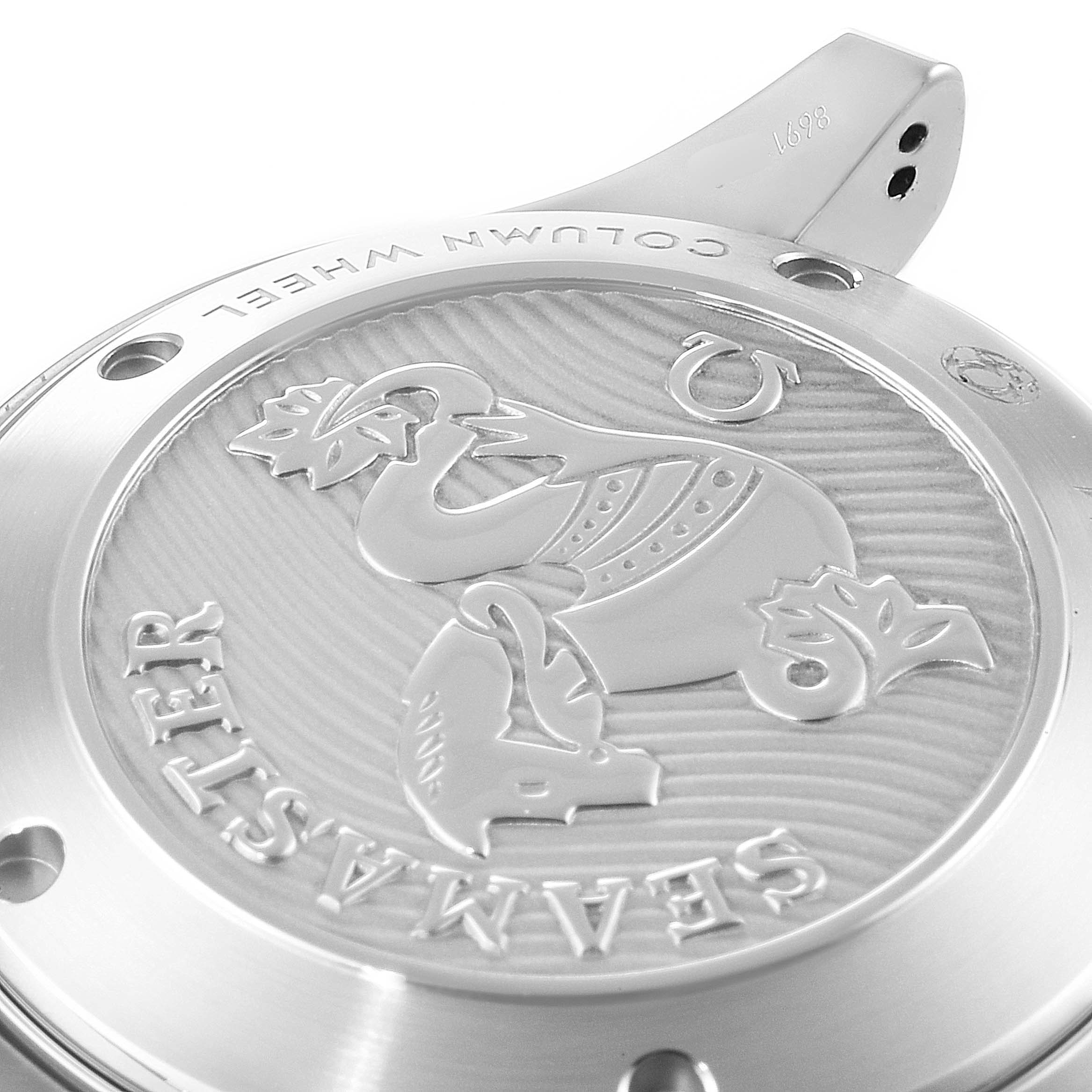 The image shows a close-up of the case back of an Omega Seamaster 212.30.42.50.03.001 Men's Stainless Steel Blue Dial 212.30.42.50.03.001 Men's Stainless Steel Blue Dial watch, highlighting the engraved logo and serial number.