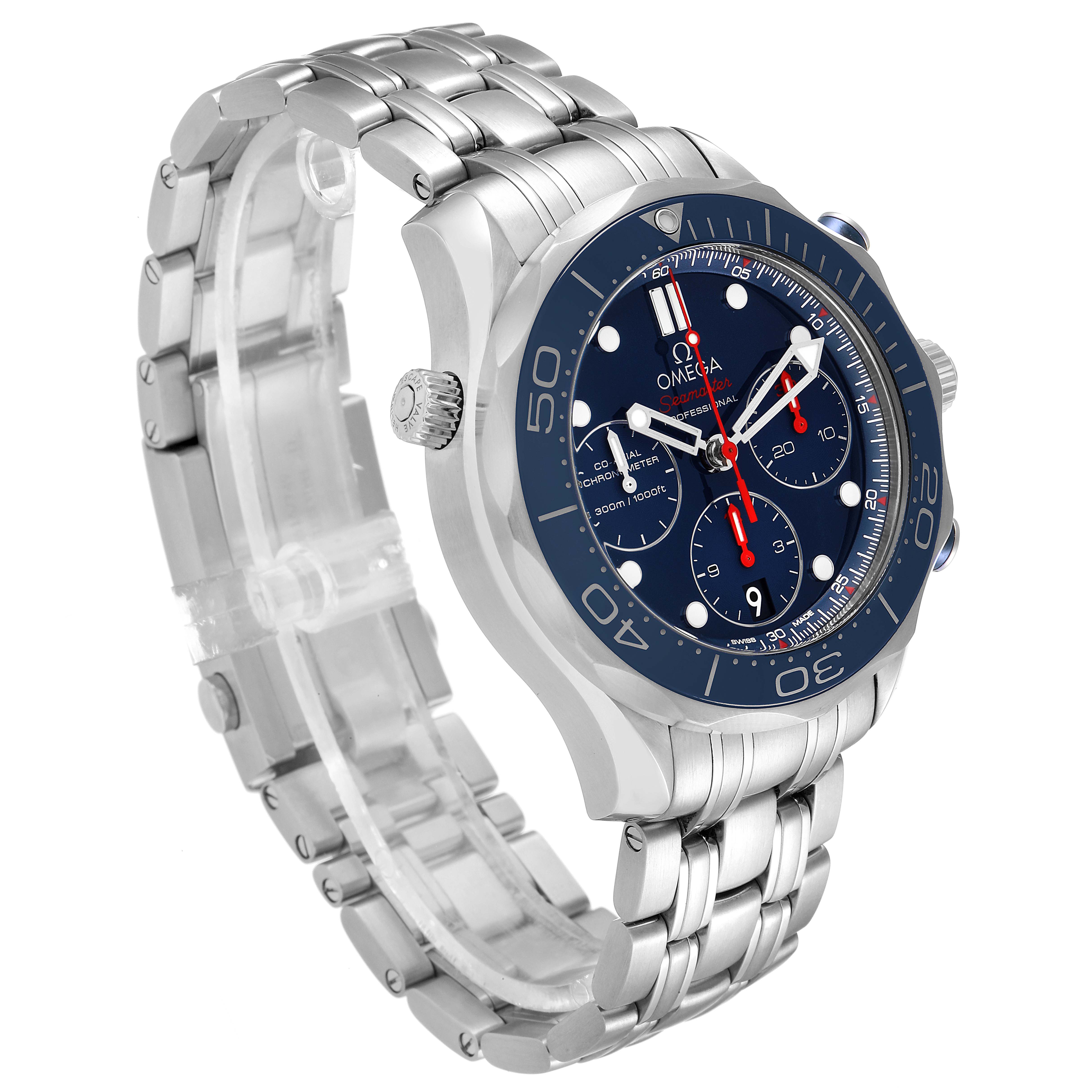 The image shows an angled view of an Omega Seamaster 212.30.42.50.03.001 Men's Stainless Steel Blue Dial 212.30.42.50.03.001 Men's Stainless Steel Blue Dial watch, highlighting its stainless steel strap, bezel, and dial features.