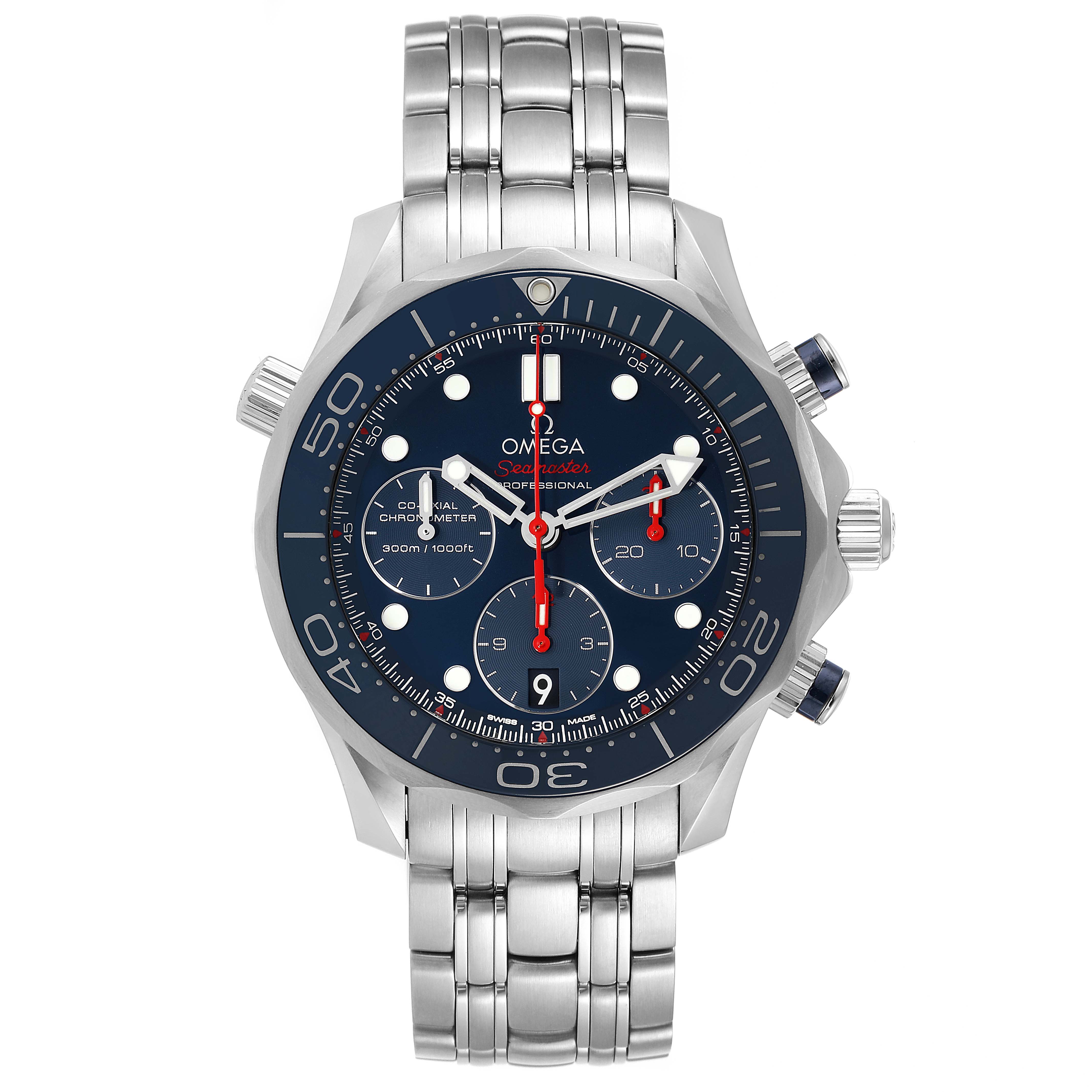 The image shows a front view of an Omega Seamaster 212.30.42.50.03.001 Men's Stainless Steel Blue Dial 212.30.42.50.03.001 Men's Stainless Steel Blue Dial watch, highlighting its dial, bezel, and metal bracelet.