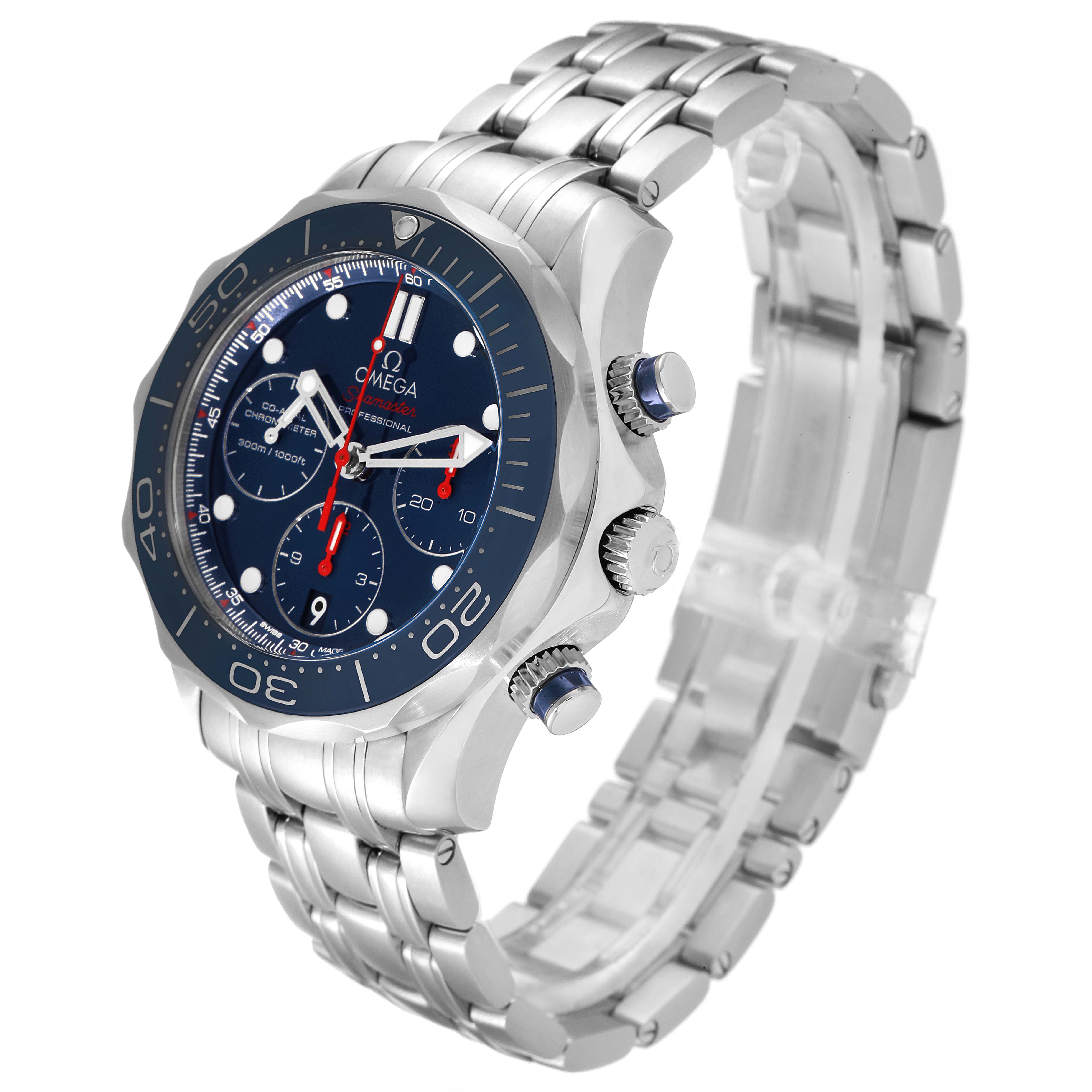 The image shows a side-angle view of an Omega Seamaster 212.30.42.50.03.001 Men's Stainless Steel Blue Dial 212.30.42.50.03.001 Men's Stainless Steel Blue Dial watch, highlighting its bracelet, bezel, and crown.