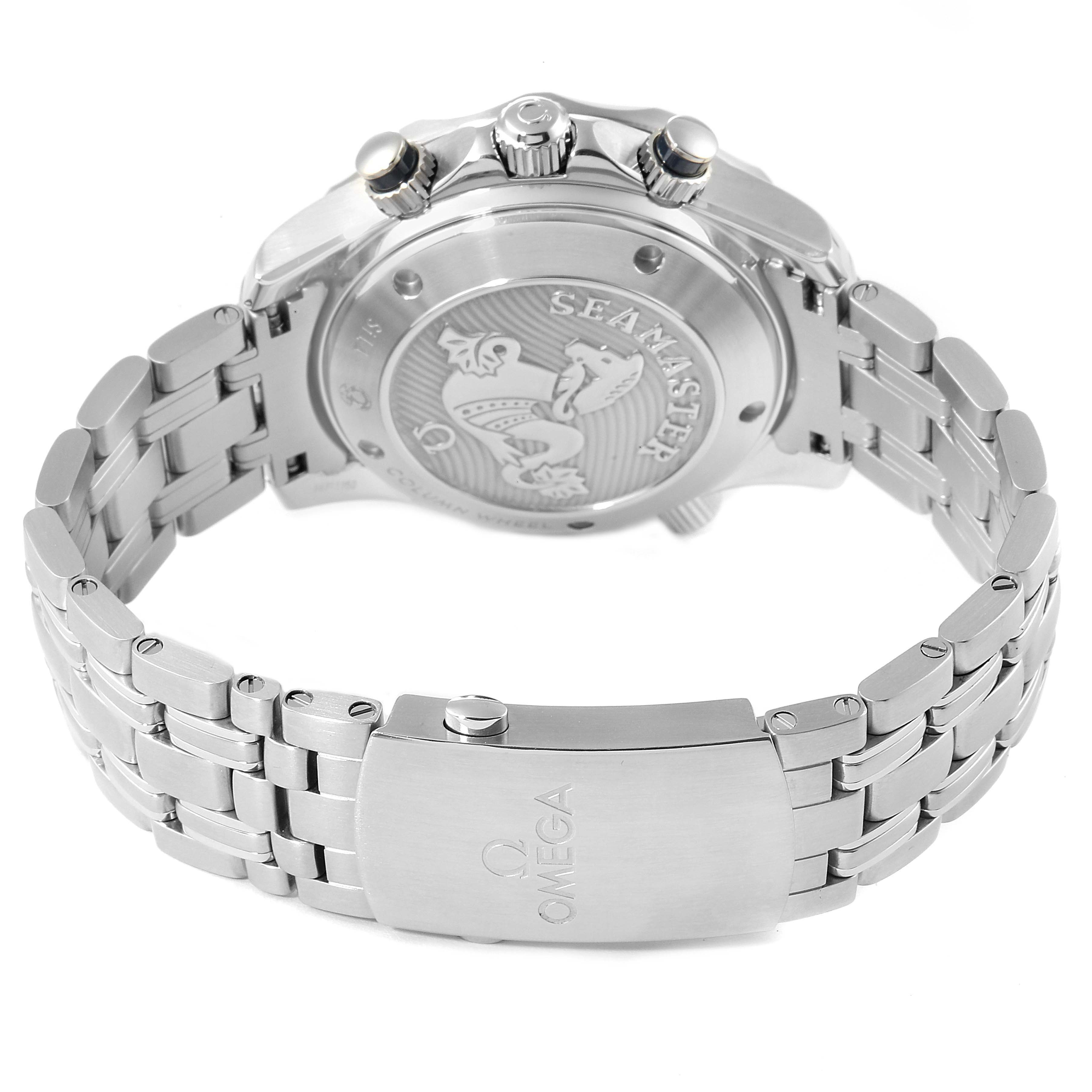 The image shows the back view of an Omega Seamaster 212.30.42.50.03.001 Men's Stainless Steel Blue Dial 212.30.42.50.03.001 Men's Stainless Steel Blue Dial watch, highlighting the case back, bracelet, and clasp.