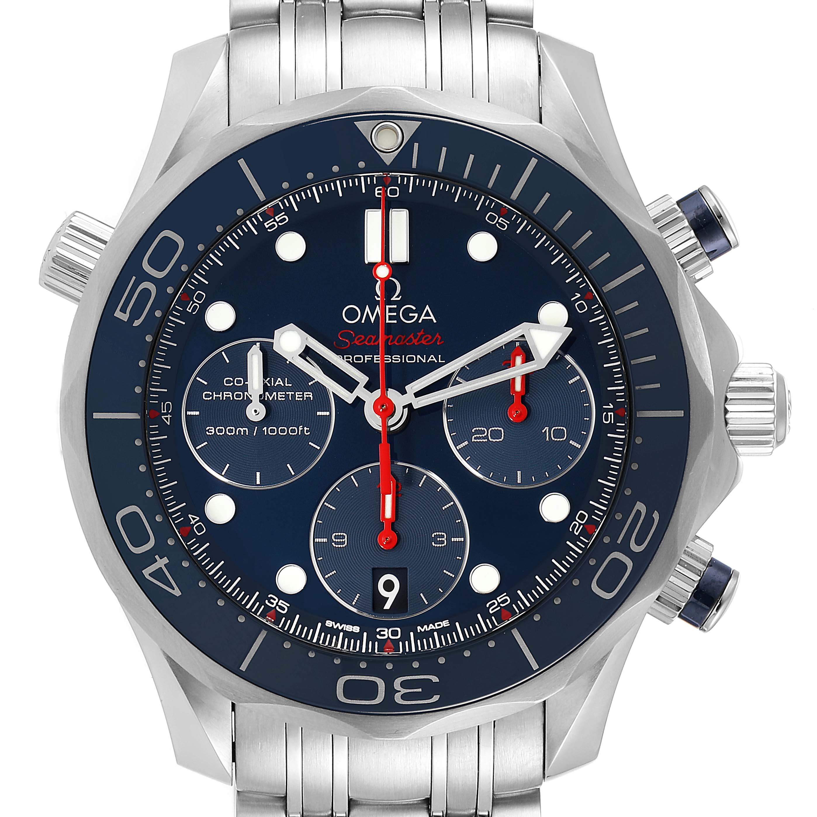 This image shows a front view of the Omega Seamaster 212.30.42.50.03.001 Men's Stainless Steel Blue Dial 212.30.42.50.03.001 Men's Stainless Steel Blue Dial watch, displaying the dial, bezel, chronograph subdials, and metal bracelet.