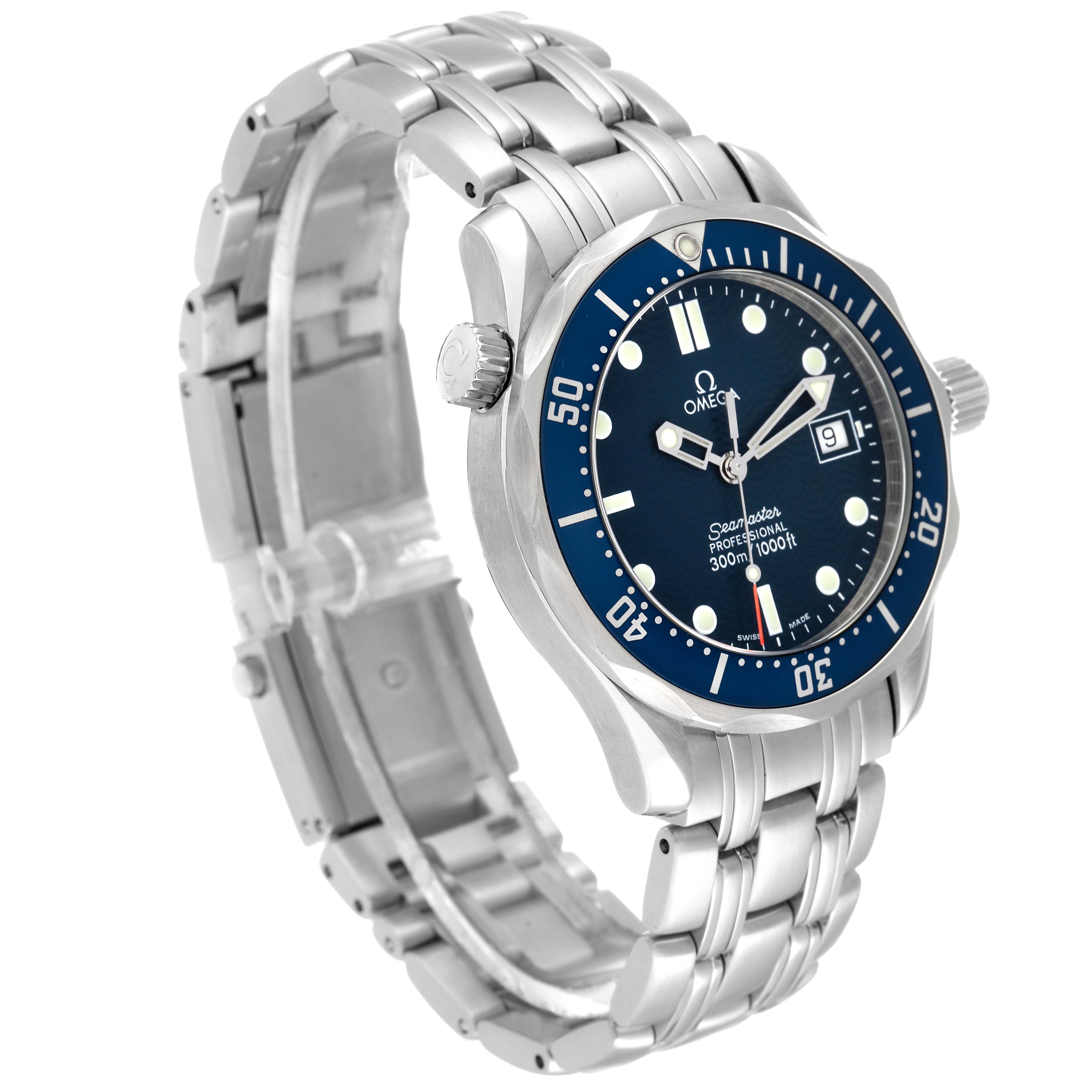 The image shows an angled view of an Omega Seamaster 2561.80.00 Men's Stainless Steel Blue Dial 2561.80.00 Men's Stainless Steel Blue Dial watch, highlighting its blue dial, bezel, and metal bracelet.