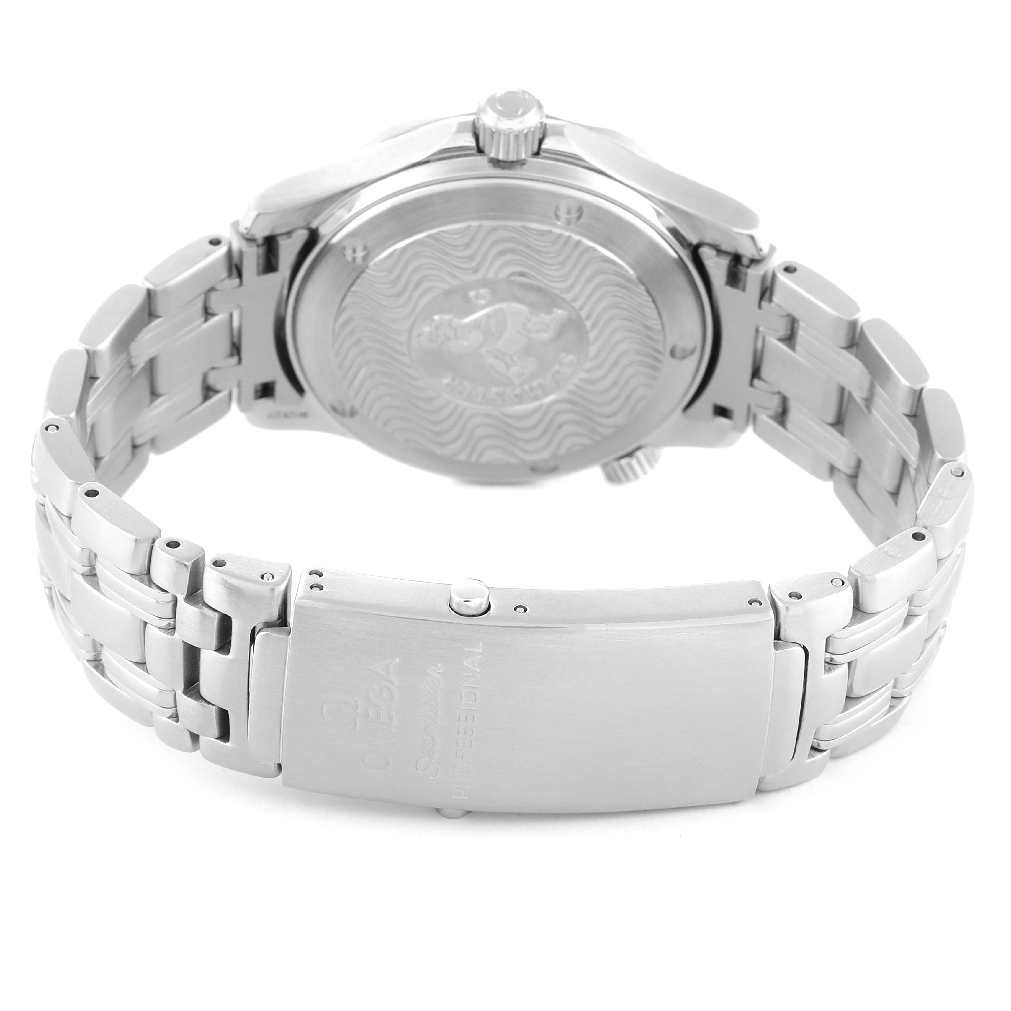 This image shows the back case and stainless steel bracelet clasp of the Omega Seamaster 2561.80.00 Men's Stainless Steel Blue Dial 2561.80.00 Men's Stainless Steel Blue Dial watch.