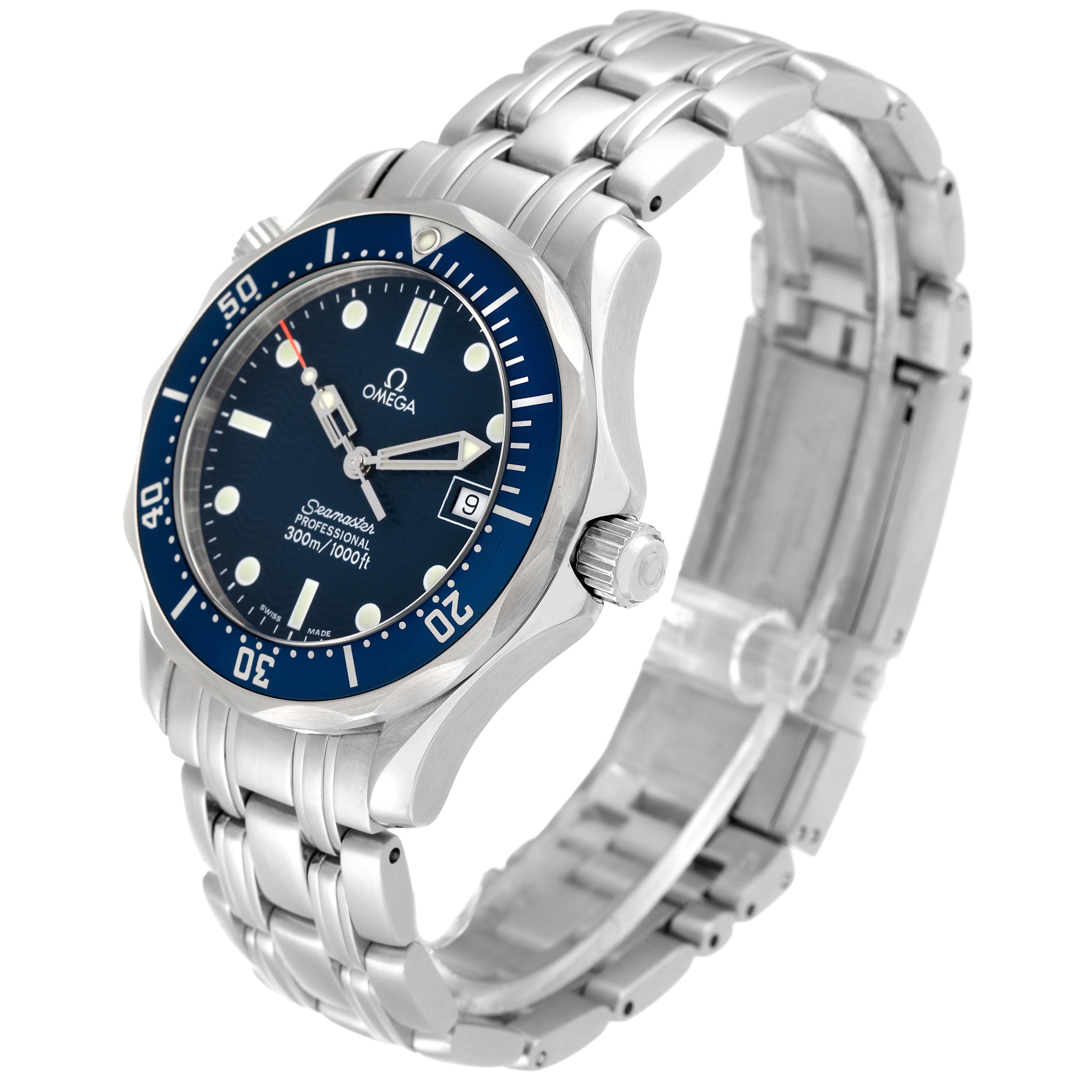 The image shows an Omega Seamaster 2561.80.00 Men's Stainless Steel Blue Dial 2561.80.00 Men's Stainless Steel Blue Dial watch from a three-quarter angle, highlighting the face, bezel, bracelet, and crown.