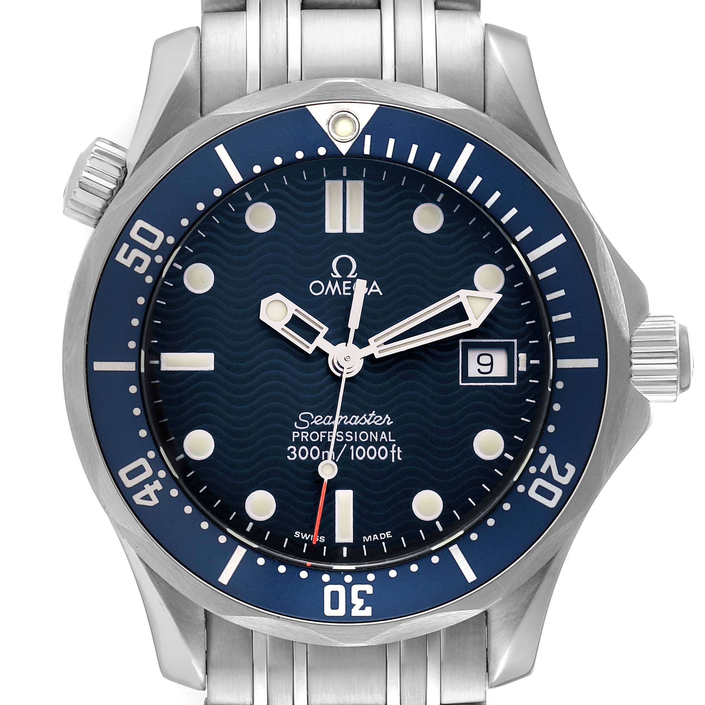 This image shows a front view of the Omega Seamaster 2561.80.00 Men's Stainless Steel Blue Dial 2561.80.00 Men's Stainless Steel Blue Dial Professional watch, highlighting the dial, bezel, and crown.