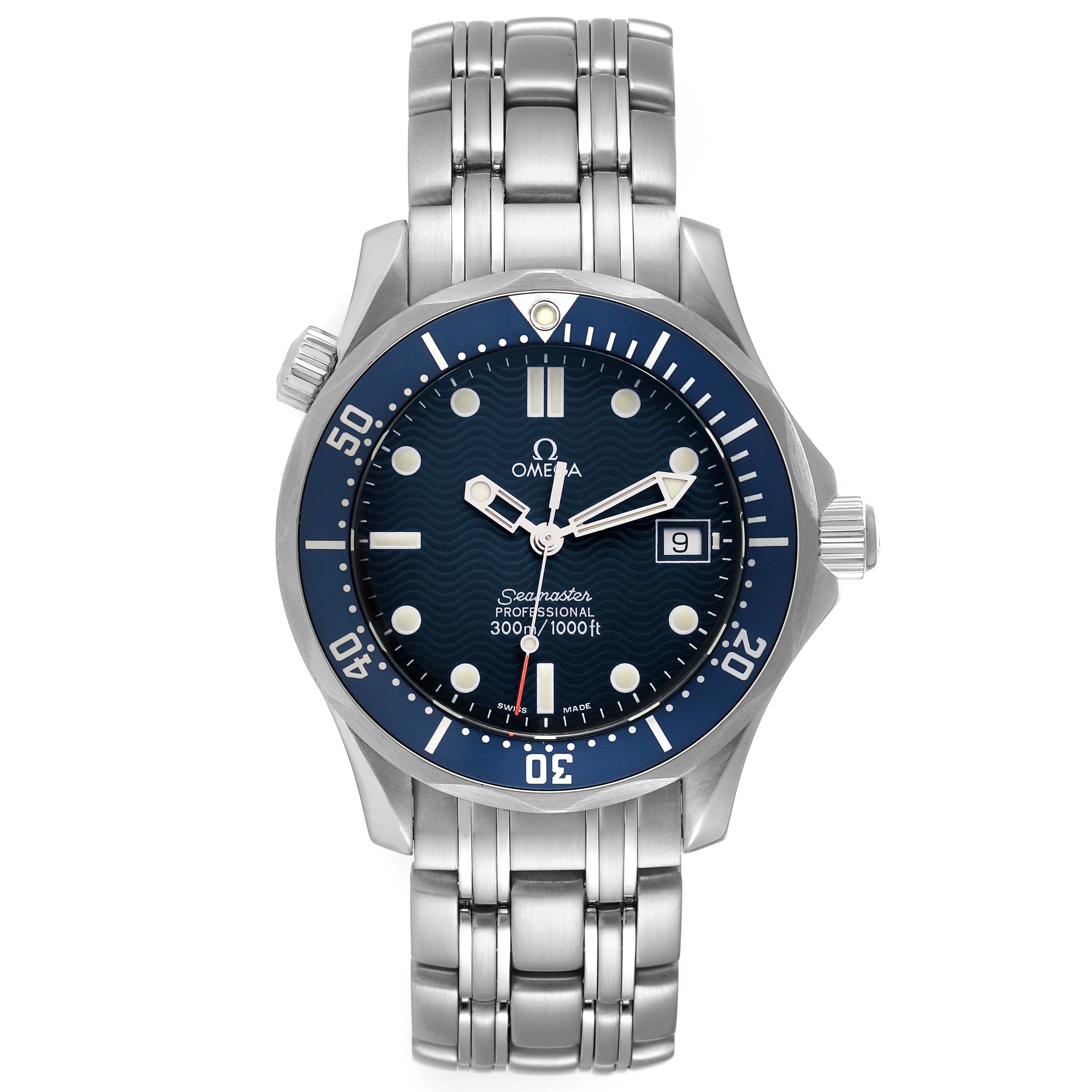This image shows a front view of the Omega Seamaster 2561.80.00 Men's Stainless Steel Blue Dial 2561.80.00 Men's Stainless Steel Blue Dial watch, highlighting its dial, bezel, bracelet, and crown.