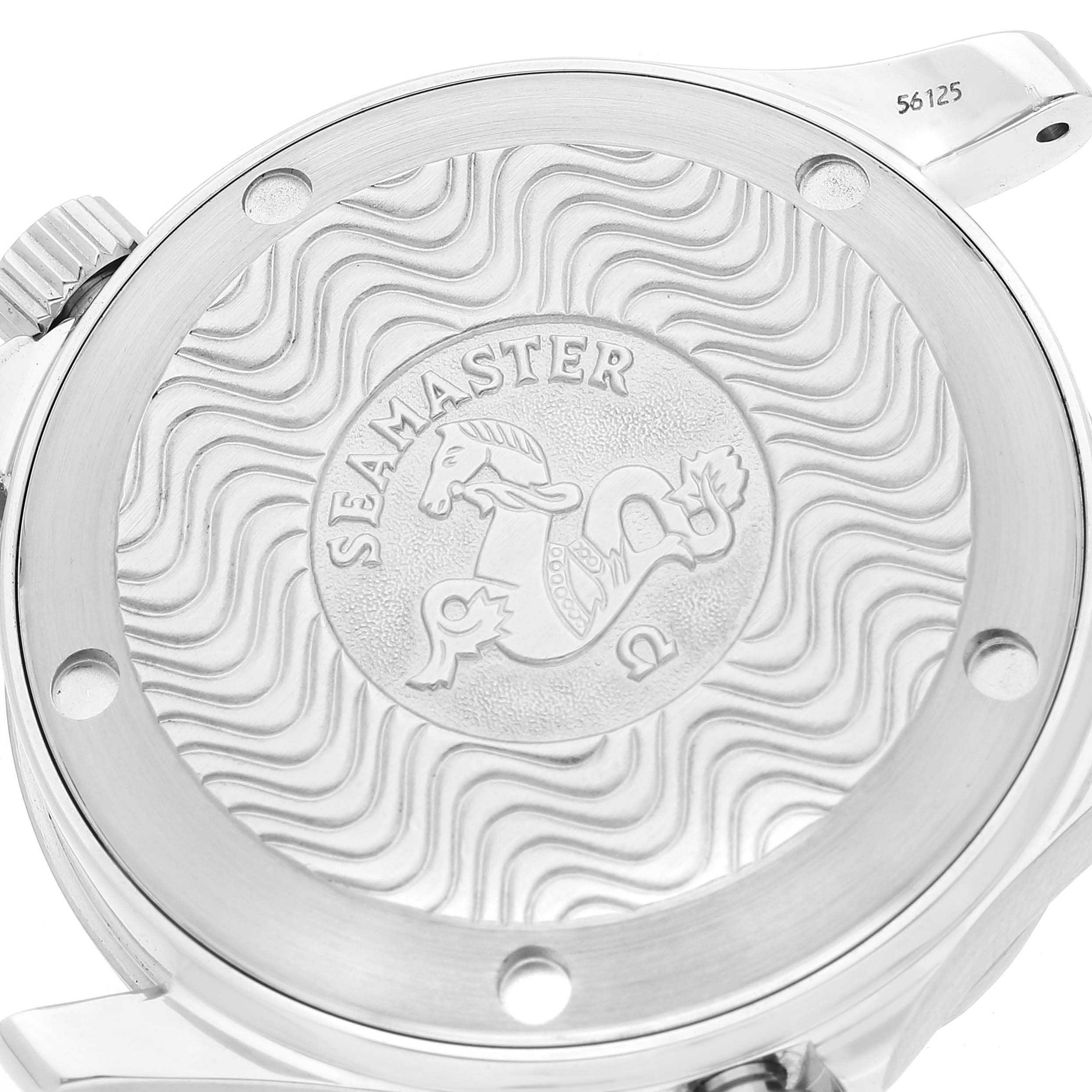 The image shows the back case of an Omega Seamaster 2561.80.00 Men's Stainless Steel Blue Dial 2561.80.00 Men's Stainless Steel Blue Dial watch, featuring its signature wave pattern and engraved logo.