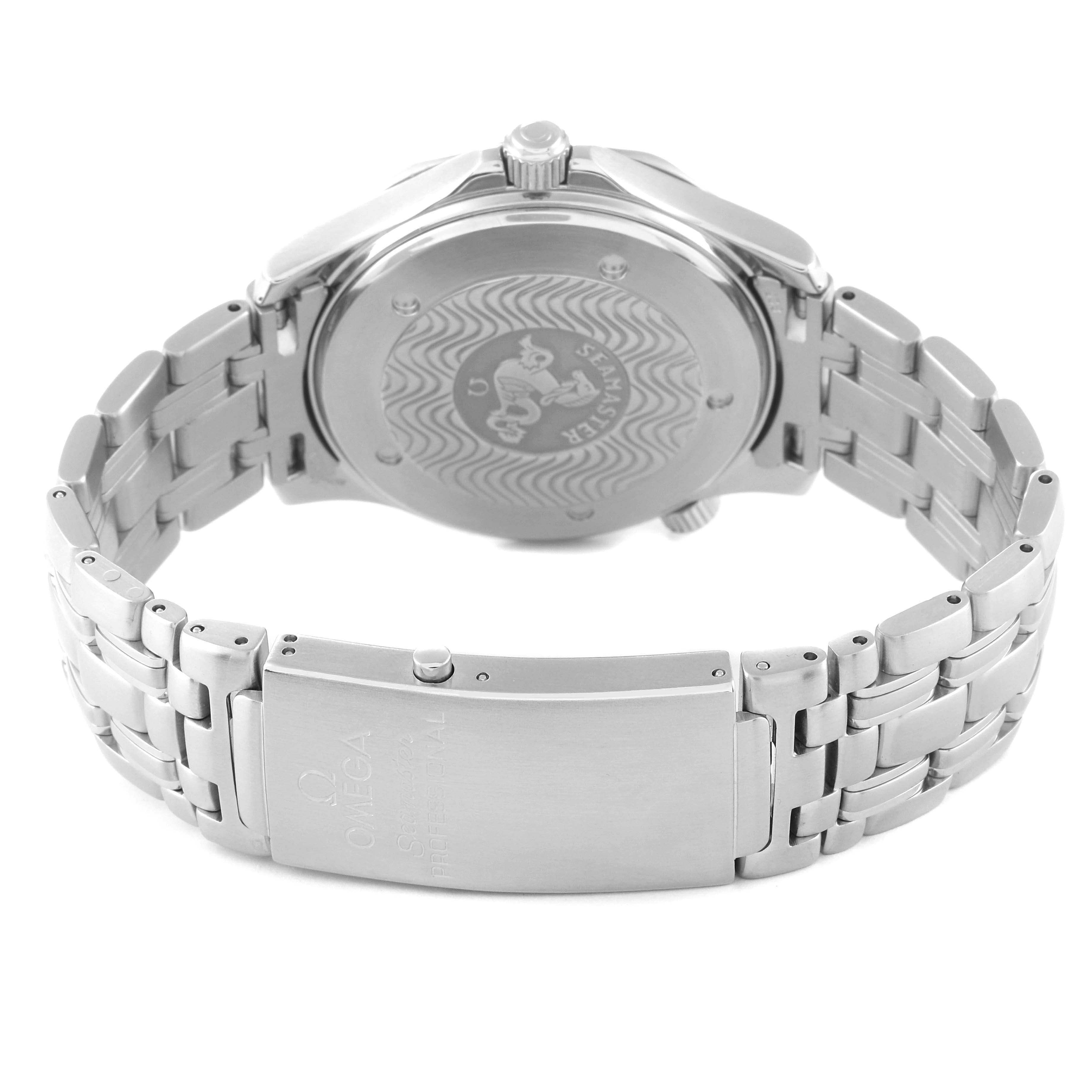 The image shows the backside and bracelet clasp of an Omega Seamaster 2531.80.00 Men's Stainless Steel Blue Dial 2531.80.00 Men's Stainless Steel Blue Dial watch.