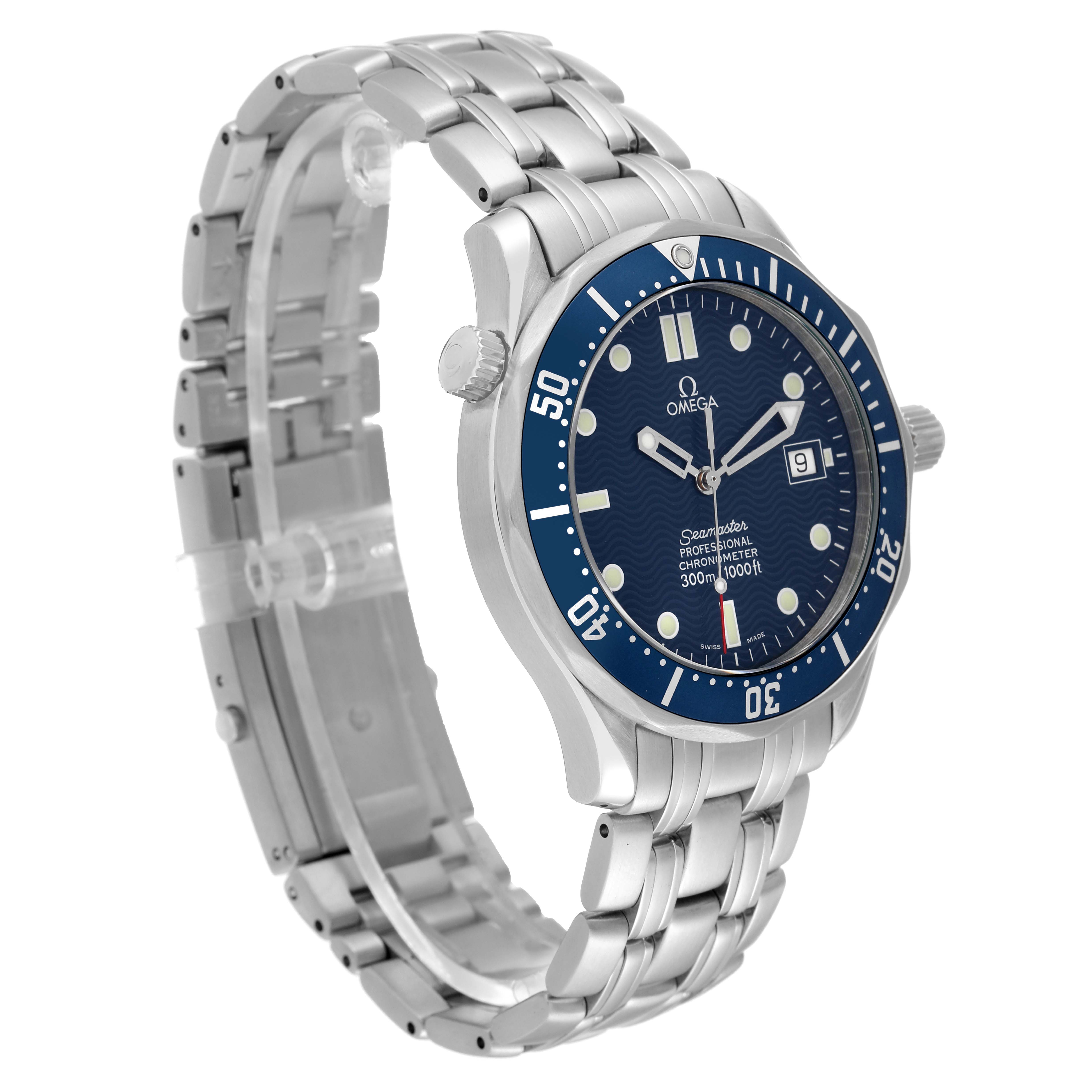 The Omega Seamaster 2531.80.00 Men's Stainless Steel Blue Dial 2531.80.00 Men's Stainless Steel Blue Dial watch is shown at an oblique angle, highlighting the blue dial, bezel, and stainless steel bracelet.
