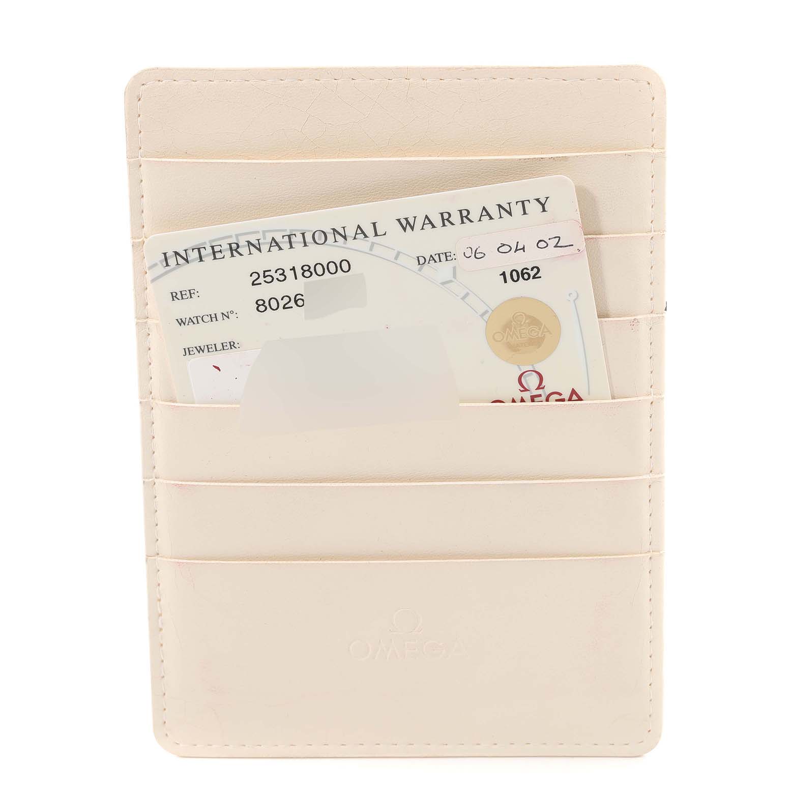 The image shows an Omega Seamaster 2531.80.00 Men's Stainless Steel Blue Dial 2531.80.00 Men's Stainless Steel Blue Dial warranty card in a beige cardholder, viewed from the front.