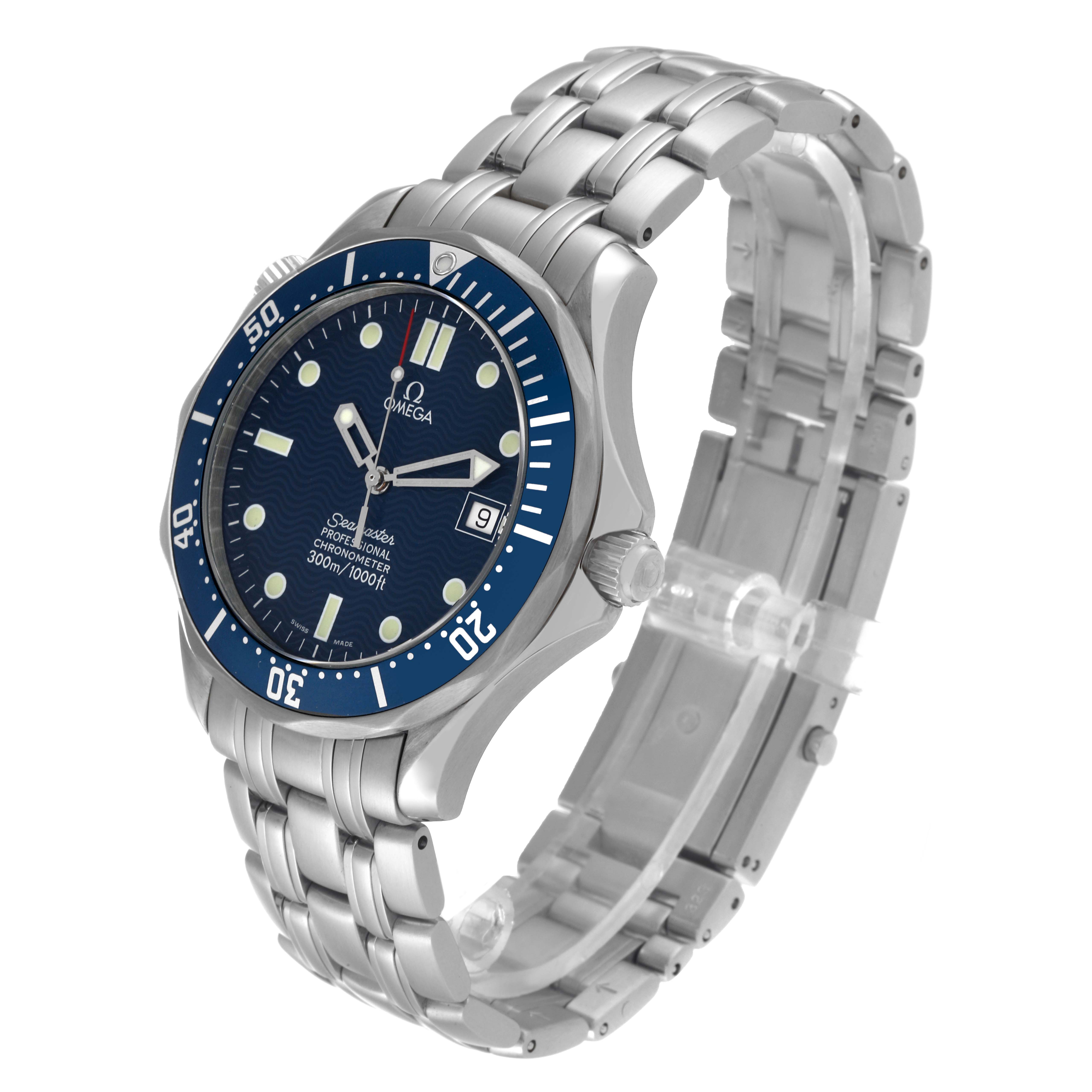 This image shows an Omega Seamaster 2531.80.00 Men's Stainless Steel Blue Dial 2531.80.00 Men's Stainless Steel Blue Dial watch at a three-quarter angle, highlighting the face, bezel, crown, and stainless steel bracelet.