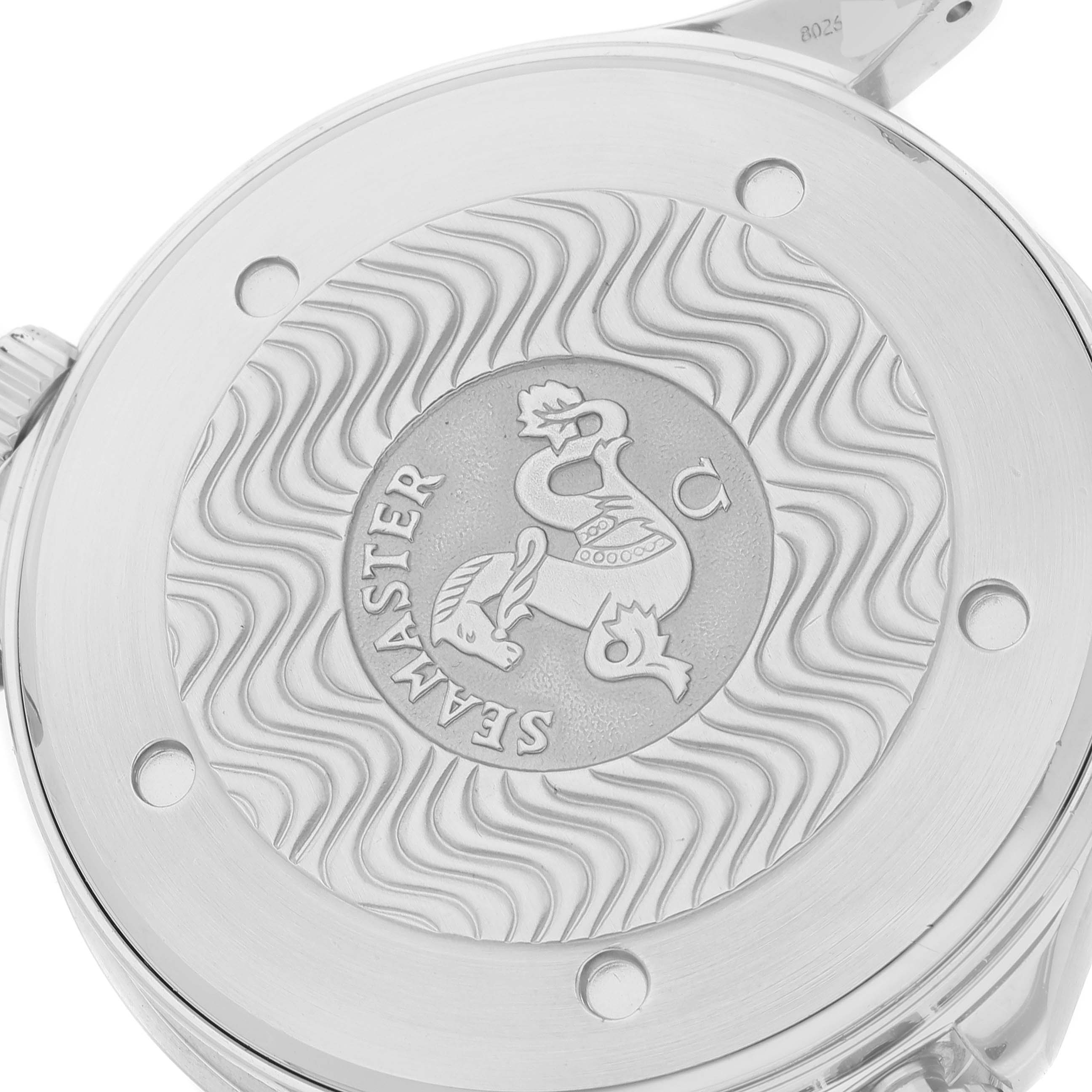 This image shows the case back of the Omega Seamaster 2531.80.00 Men's Stainless Steel Blue Dial 2531.80.00 Men's Stainless Steel Blue Dial watch with its embossed logo and wave pattern.