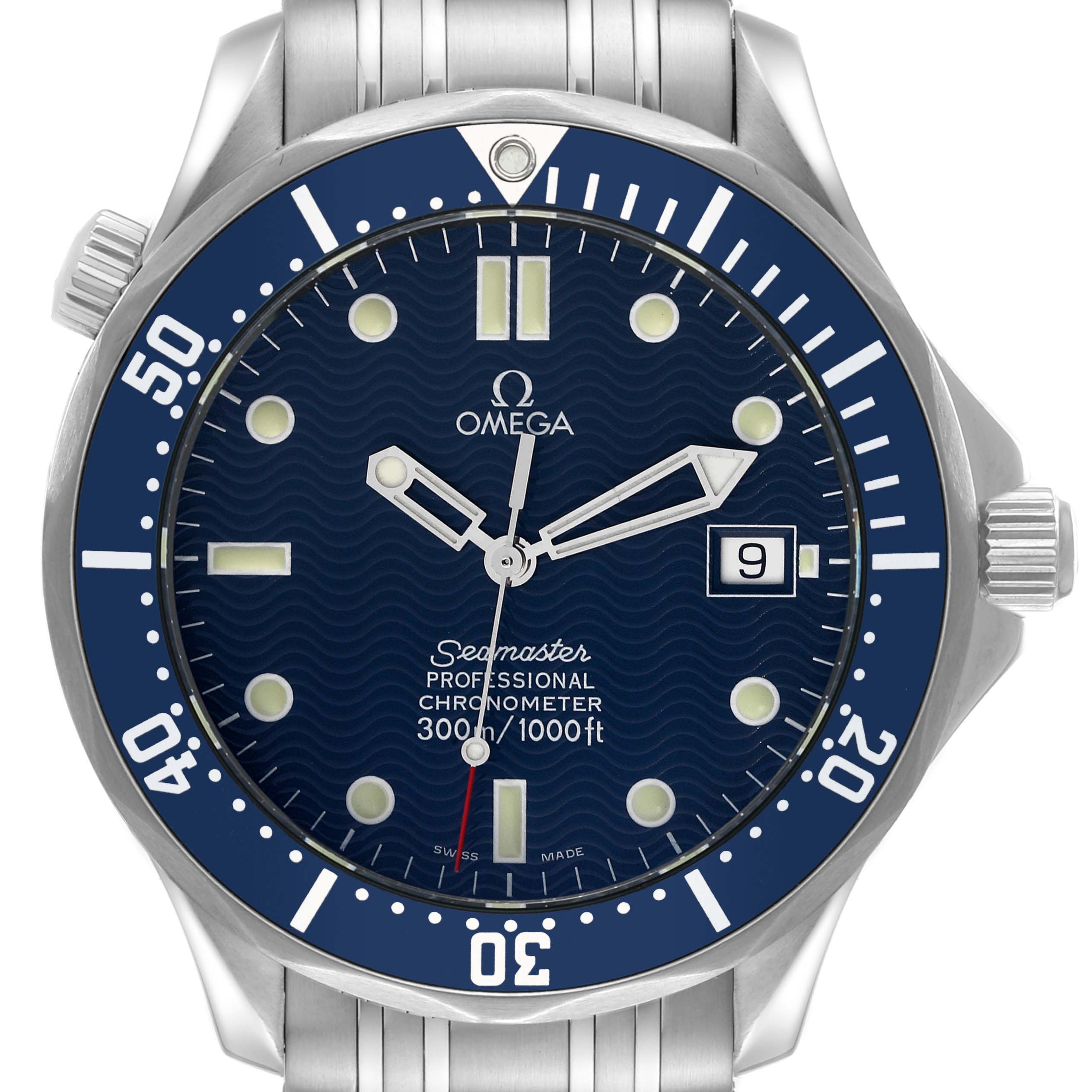 This image shows a front view of the Omega Seamaster 2531.80.00 Men's Stainless Steel Blue Dial 2531.80.00 Men's Stainless Steel Blue Dial watch, featuring the dial, bezel, crown, and part of the bracelet.