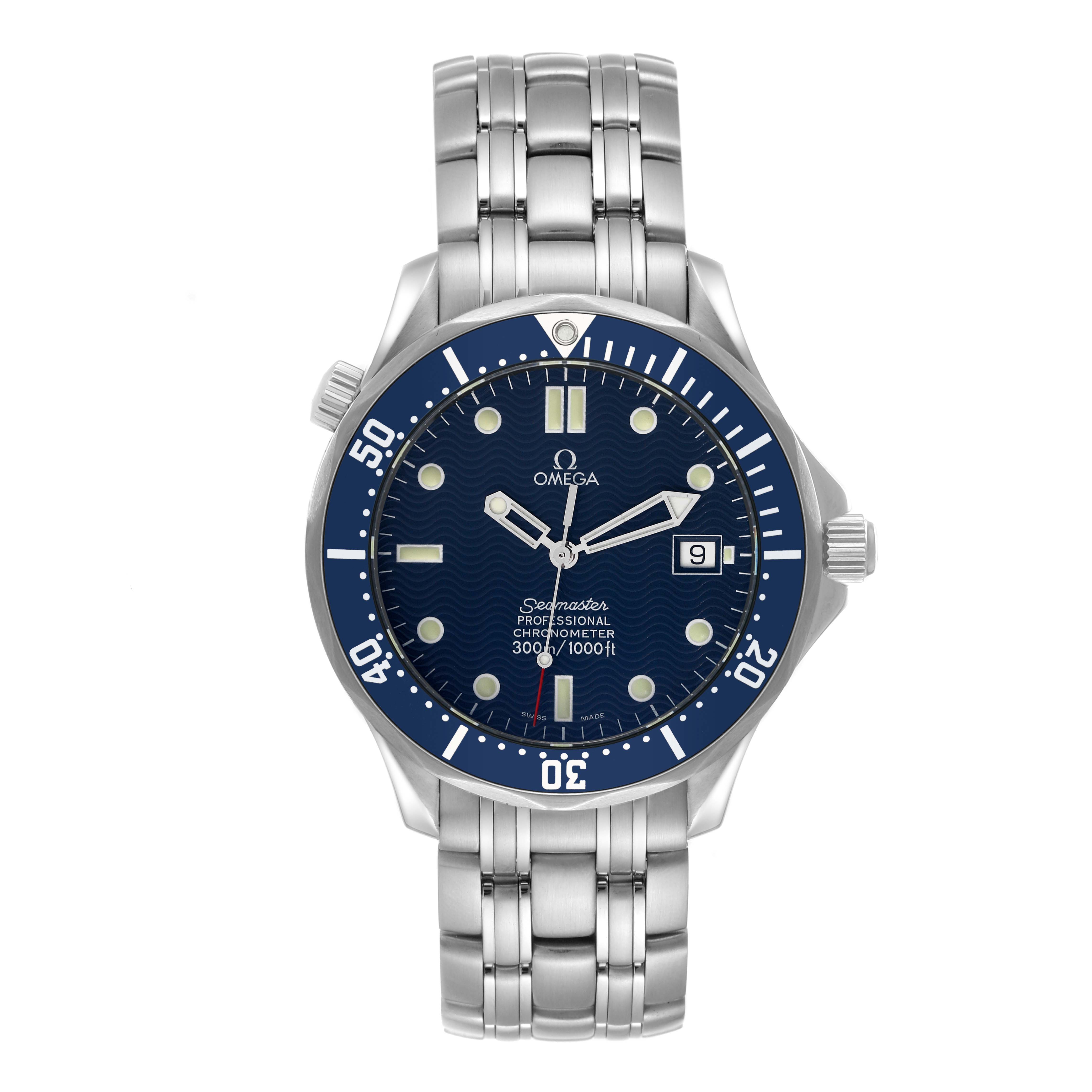The image shows a front view of an Omega Seamaster 2531.80.00 Men's Stainless Steel Blue Dial 2531.80.00 Men's Stainless Steel Blue Dial watch, displaying its blue dial, steel bracelet, bezel, and date window.