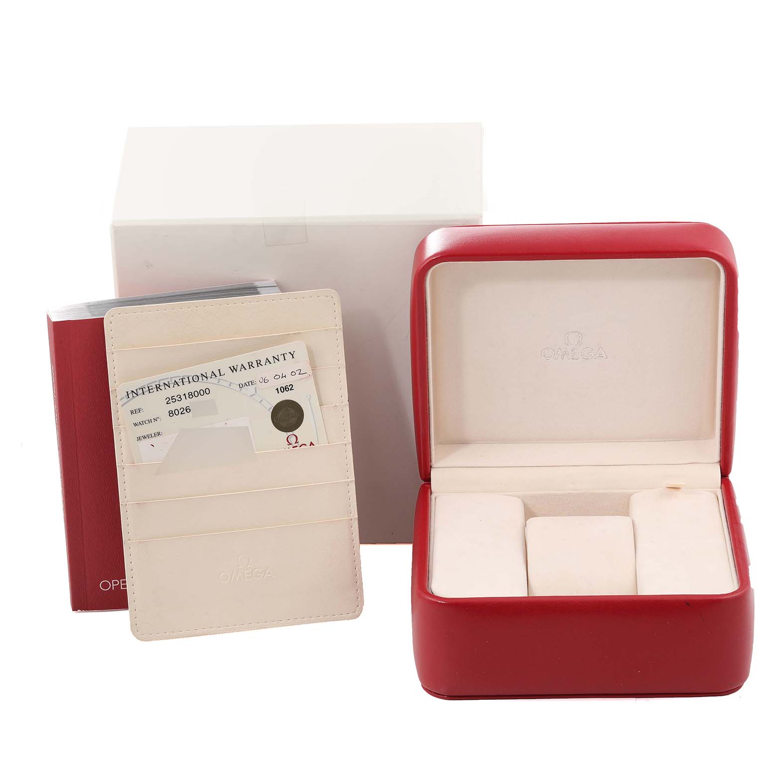 The image shows the packaging, warranty card, and watch box for the Omega Seamaster 2531.80.00 Men's Stainless Steel Blue Dial 2531.80.00 Men's Stainless Steel Blue Dial model.