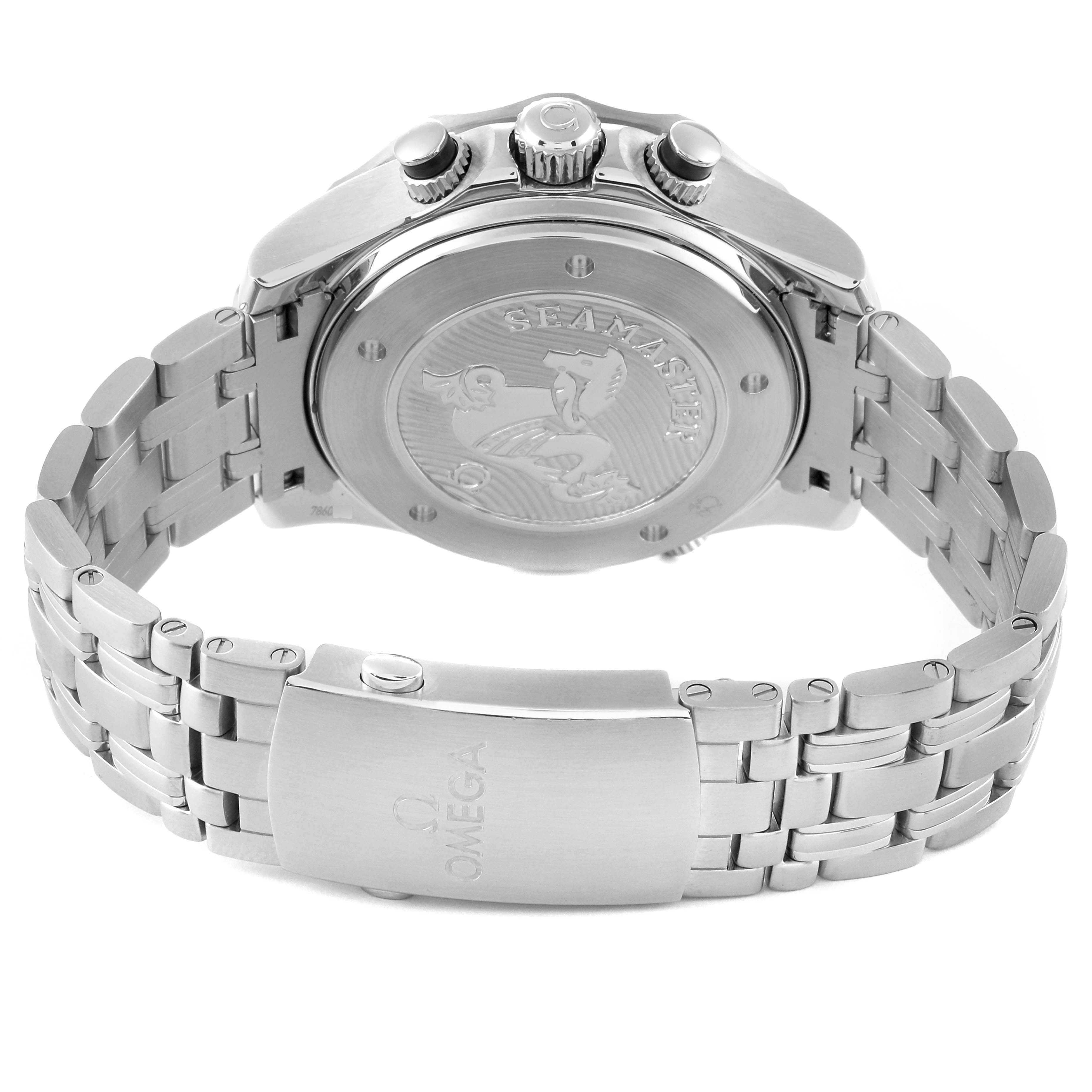 The image shows the back and side of the Omega Seamaster 212.30.44.52.01.001 Men's Stainless Steel Black Dial 212.30.44.52.01.001 Men's Stainless Steel Black Dial watch, highlighting its caseback, crown, and metal bracelet with the Omega logo.