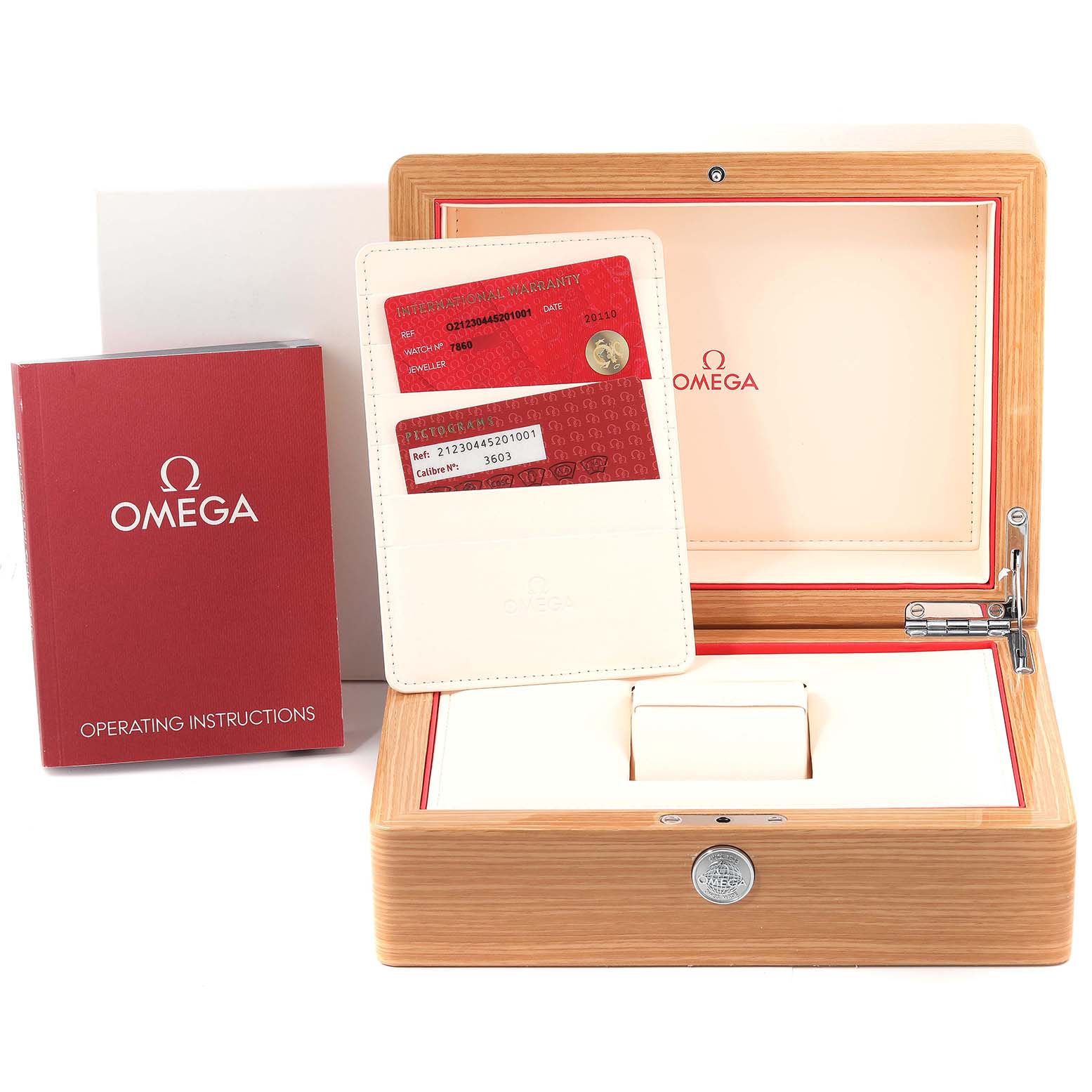 The image shows the packaging, warranty cards, and operating instructions for an Omega Seamaster 212.30.44.52.01.001 Men's Stainless Steel Black Dial 212.30.44.52.01.001 Men's Stainless Steel Black Dial watch.