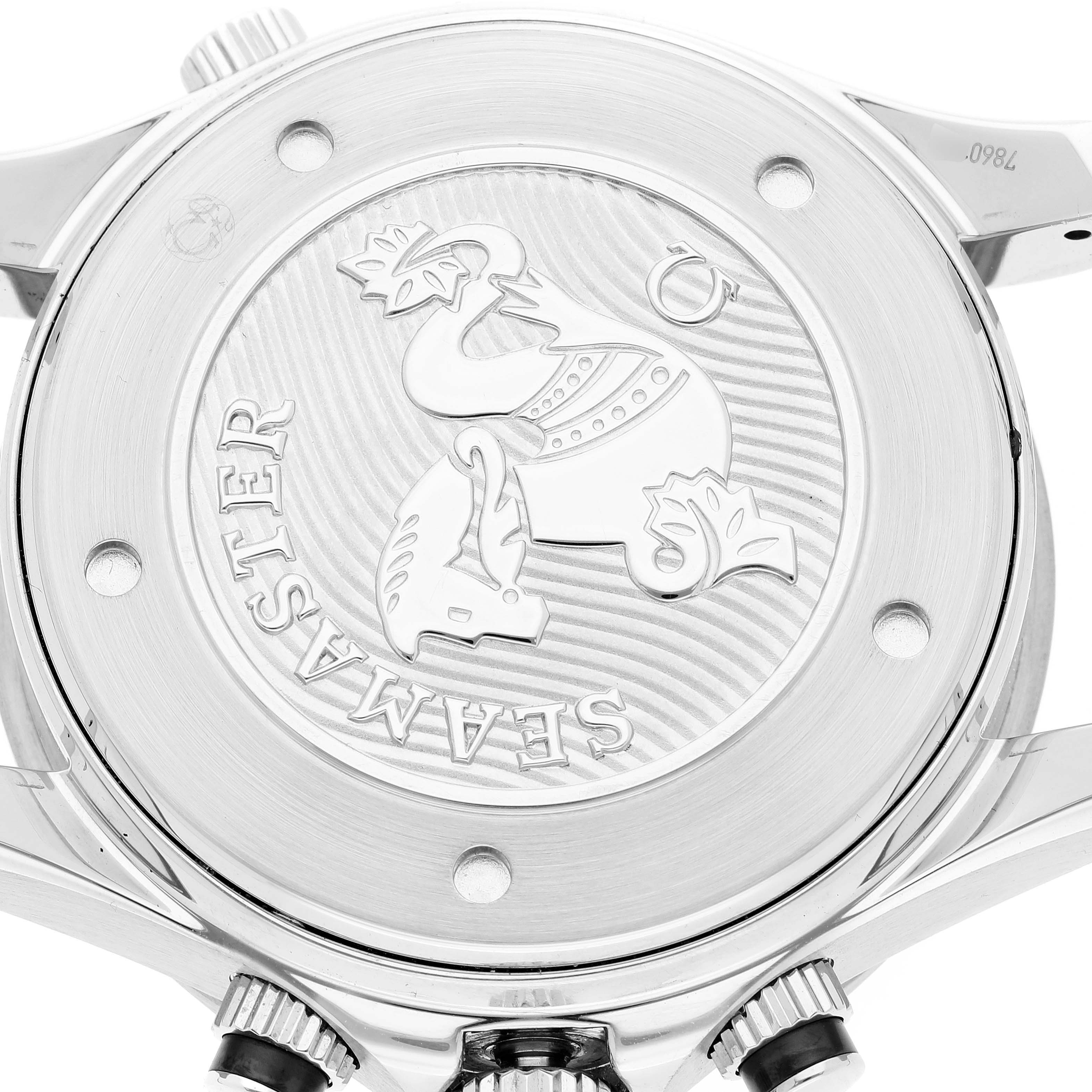 The image shows the case back of an Omega Seamaster 212.30.44.52.01.001 Men's Stainless Steel Black Dial 212.30.44.52.01.001 Men's Stainless Steel Black Dial watch, displaying its engraved emblem and branding.