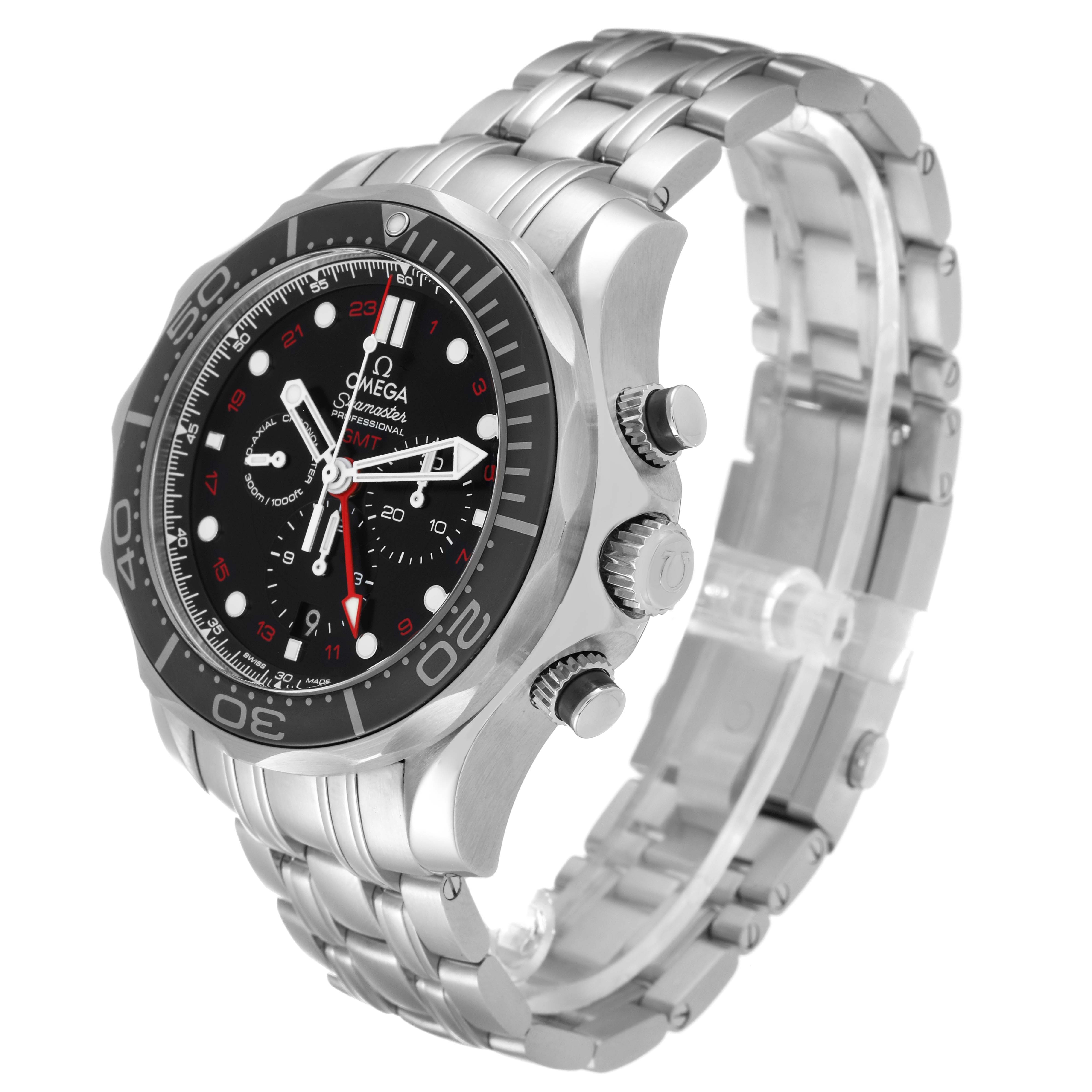 The Omega Seamaster 212.30.44.52.01.001 Men's Stainless Steel Black Dial 212.30.44.52.01.001 Men's Stainless Steel Black Dial watch is shown at an angle highlighting the face, bezel, crown, and stainless steel bracelet.