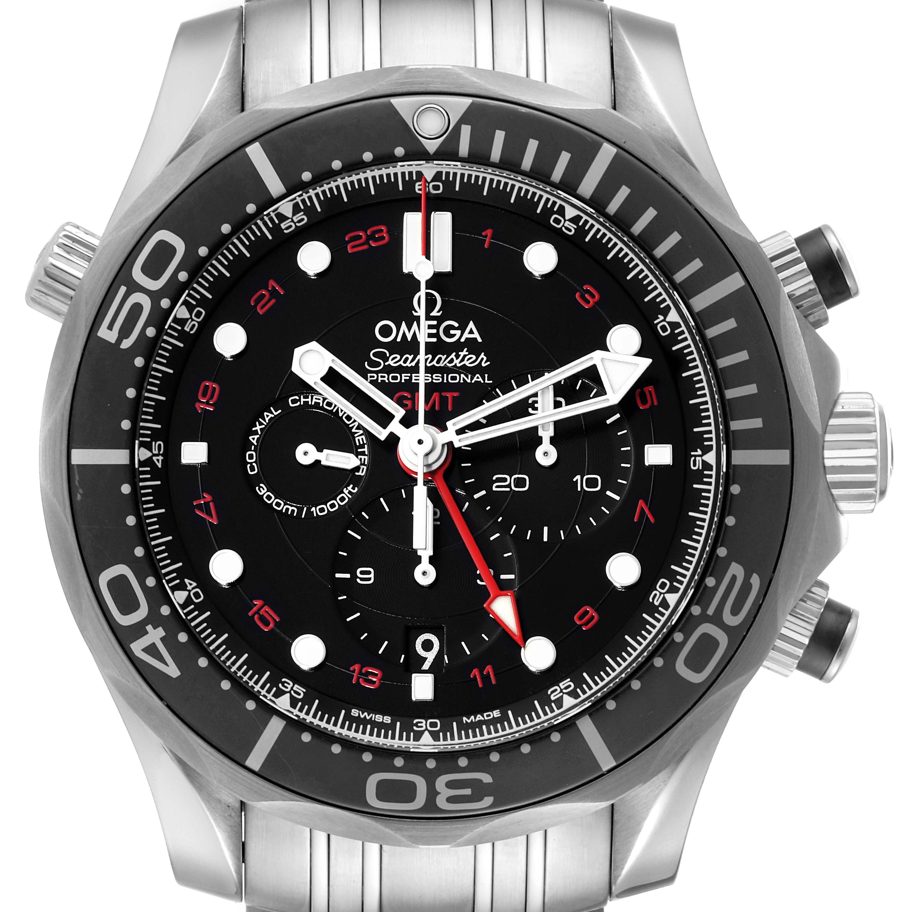 The image shows a front view of the Omega Seamaster 212.30.44.52.01.001 Men's Stainless Steel Black Dial 212.30.44.52.01.001 Men's Stainless Steel Black Dial Professional GMT watch, highlighting its dial, bezel, and part of the bracelet.