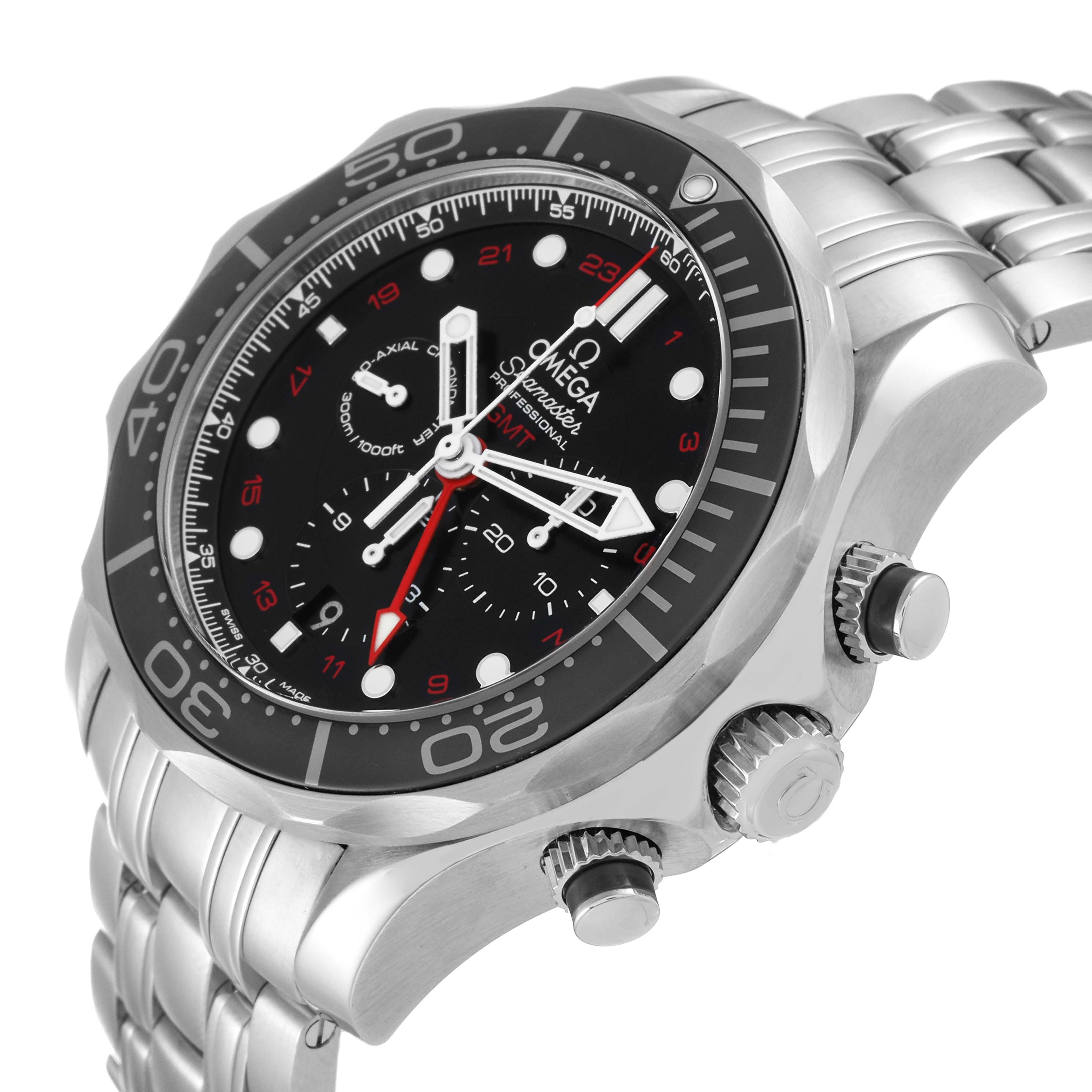 The image shows an angled view of the Omega Seamaster 212.30.44.52.01.001 Men's Stainless Steel Black Dial 212.30.44.52.01.001 Men's Stainless Steel Black Dial watch, displaying its face, bezel, buttons, and part of the stainless steel bracelet.