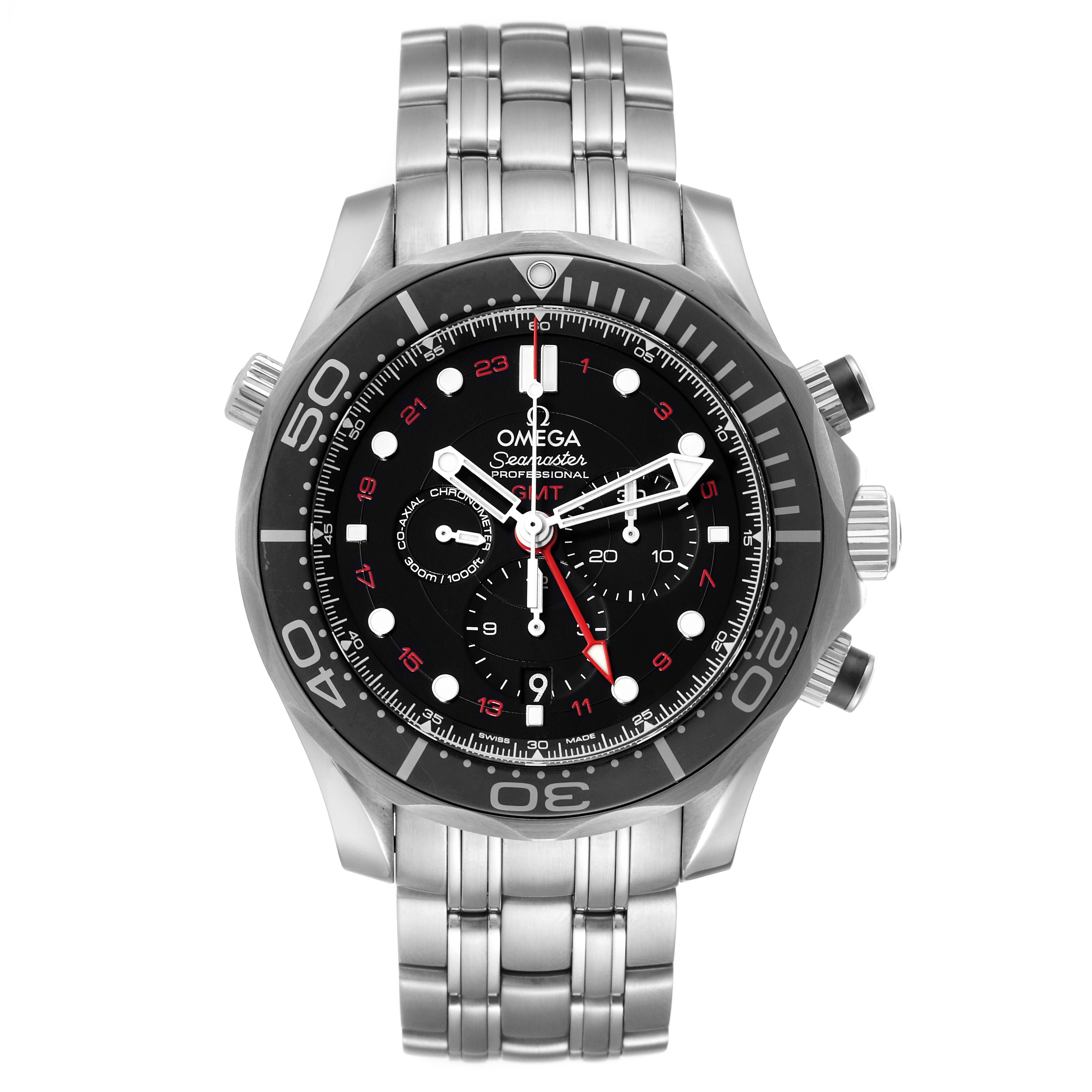 The Omega Seamaster 212.30.44.52.01.001 Men's Stainless Steel Black Dial 212.30.44.52.01.001 Men's Stainless Steel Black Dial is shown from a front angle, displaying the face, bezel, crown, and stainless steel bracelet.