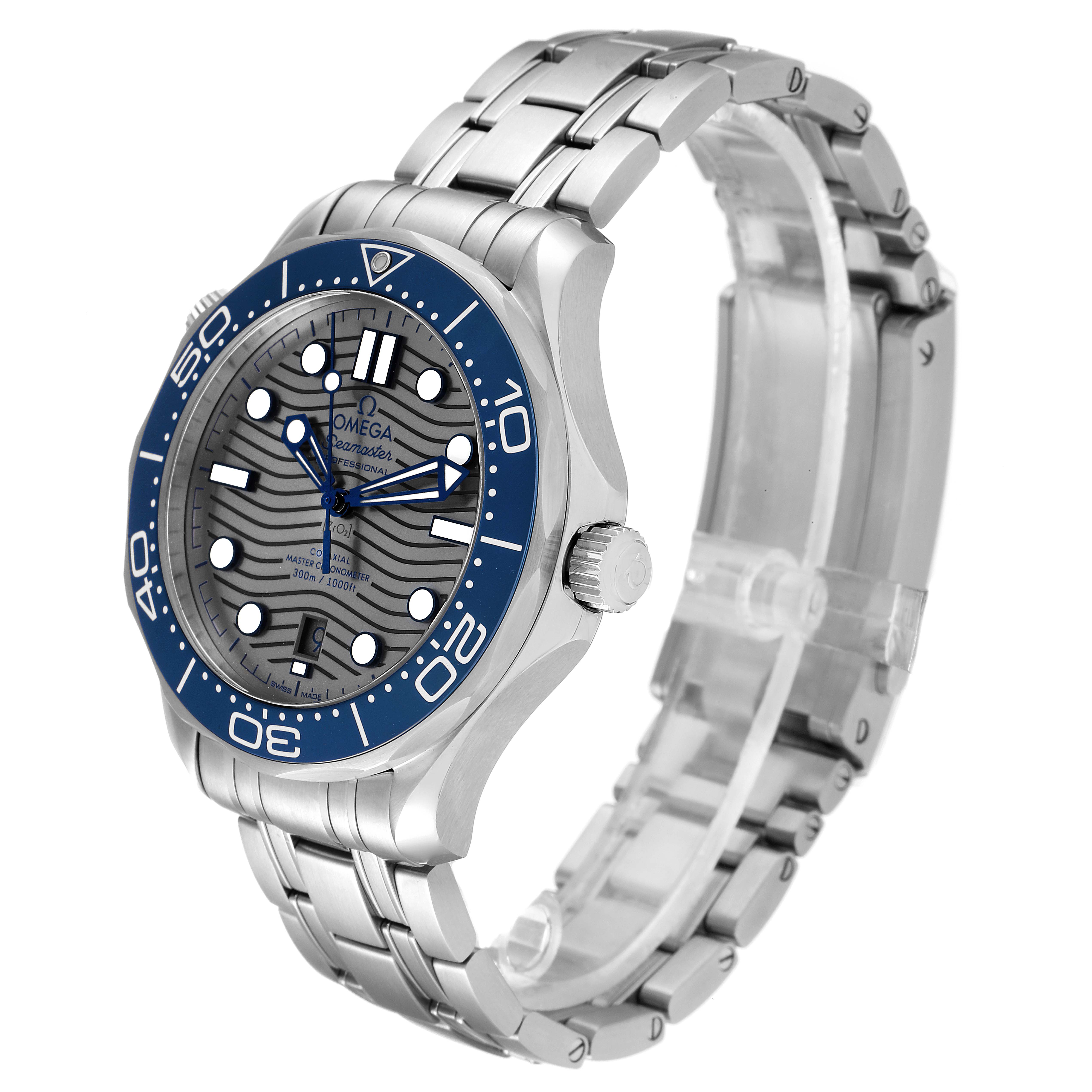 This image shows a side-angle view of the Omega Seamaster 210.30.42.20.06.001 Men
s Stainless Steel Grey Dial 210.30.42.20.06.001 Men
s Stainless Steel Grey Dial watch, highlighting its dial, bezel, and bracelet.