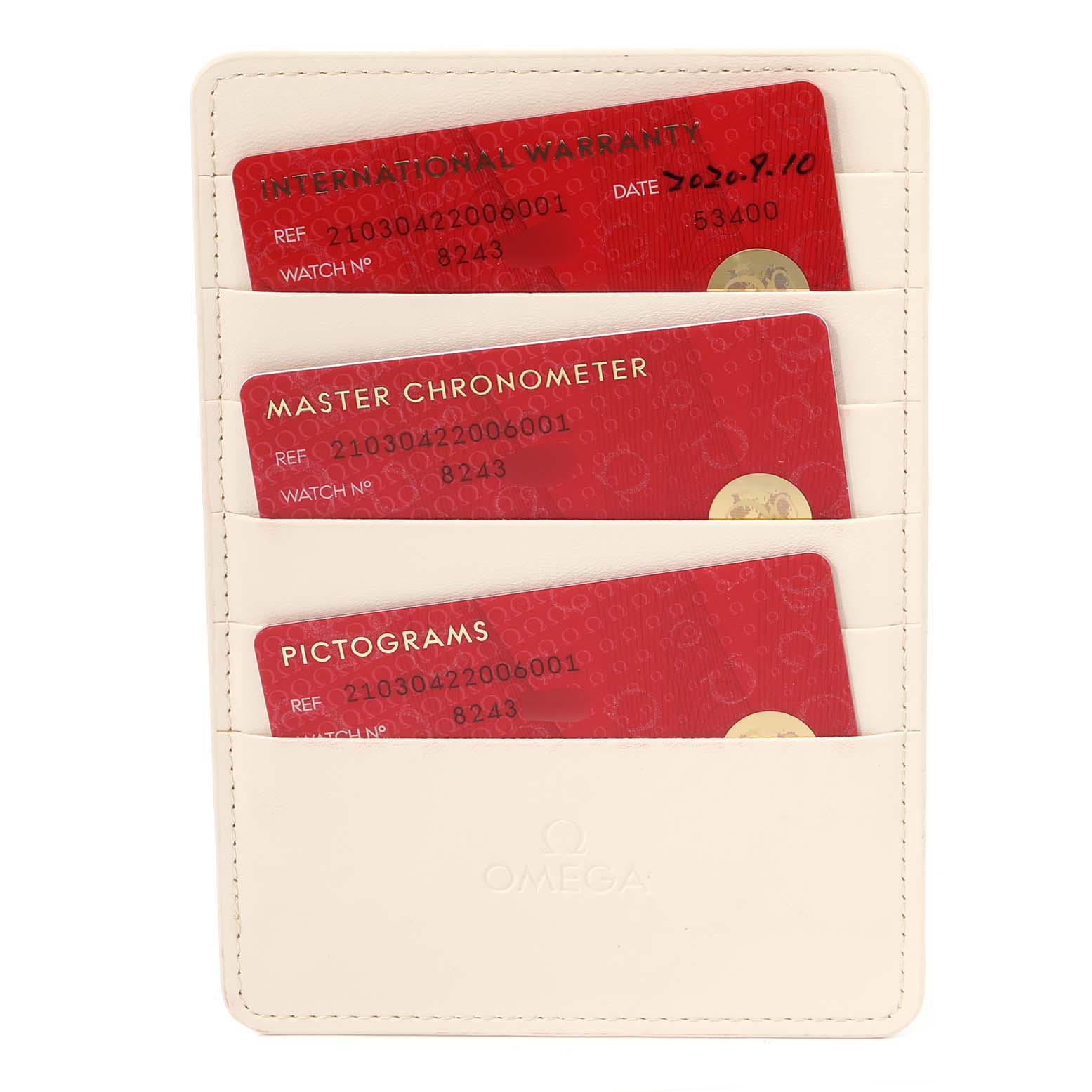 This image shows Omega Seamaster 210.30.42.20.06.001 Men
s Stainless Steel Grey Dial 210.30.42.20.06.001 Men
s Stainless Steel Grey Dial model warranty and reference cards in a white cardholder.